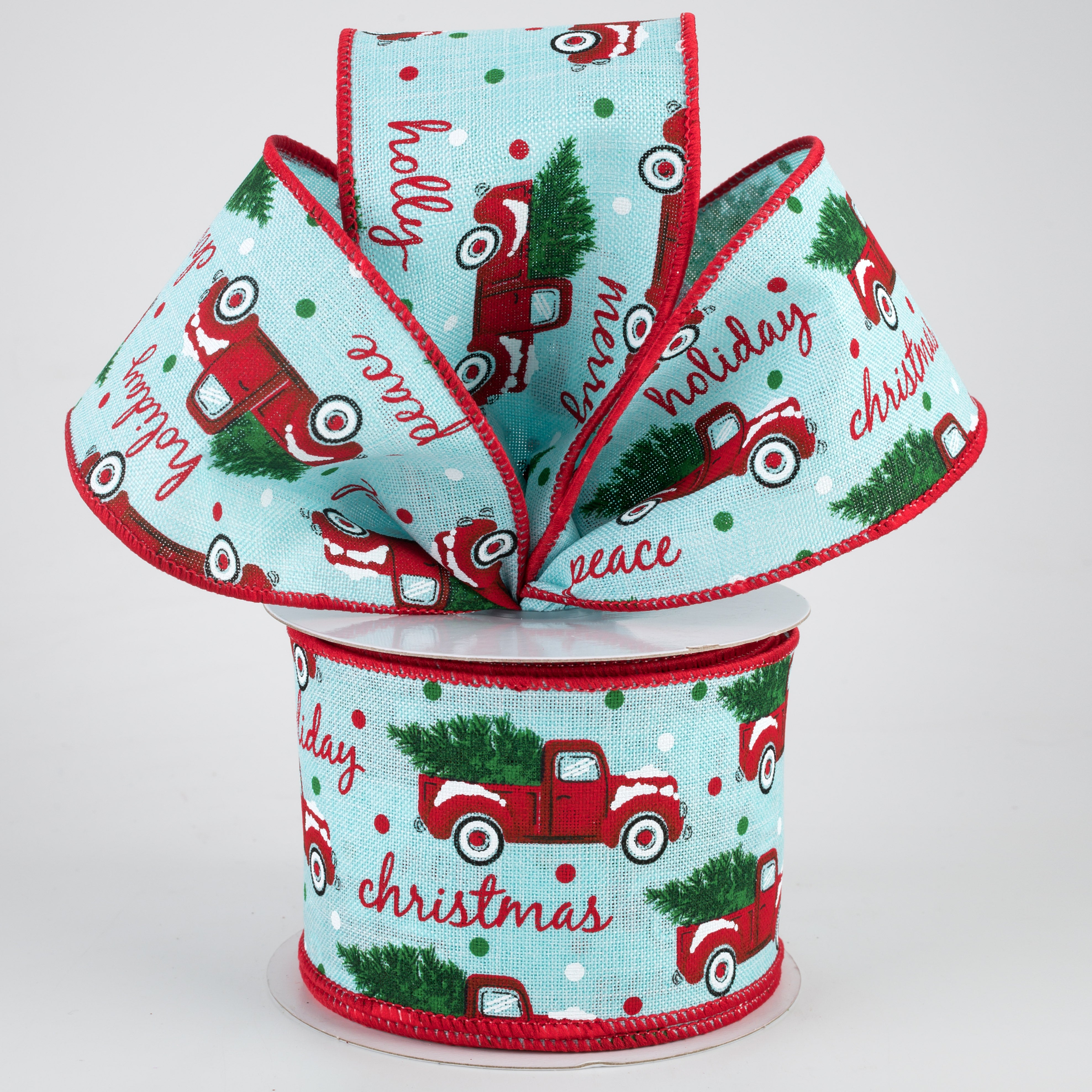 2.5" Christmas Trucks Polka Dot Ribbon: Ice Blue (10 Yards) Lifestyle Photo