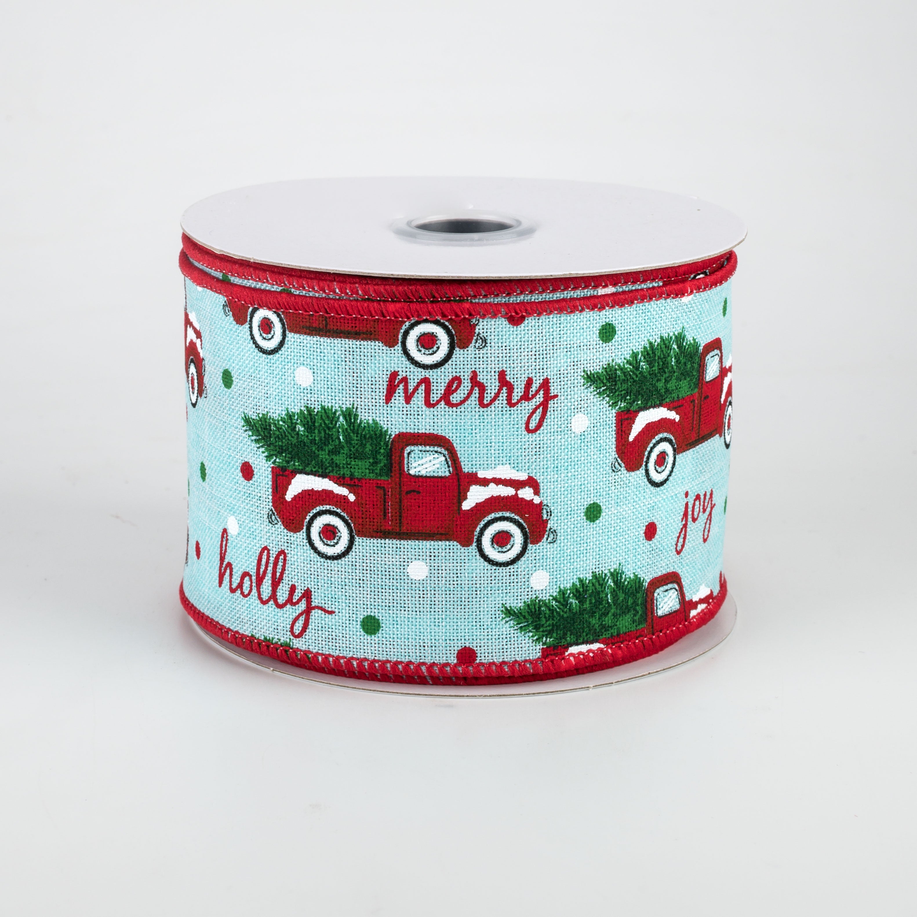 2.5" Christmas Trucks Polka Dot Ribbon: Ice Blue (10 Yards)