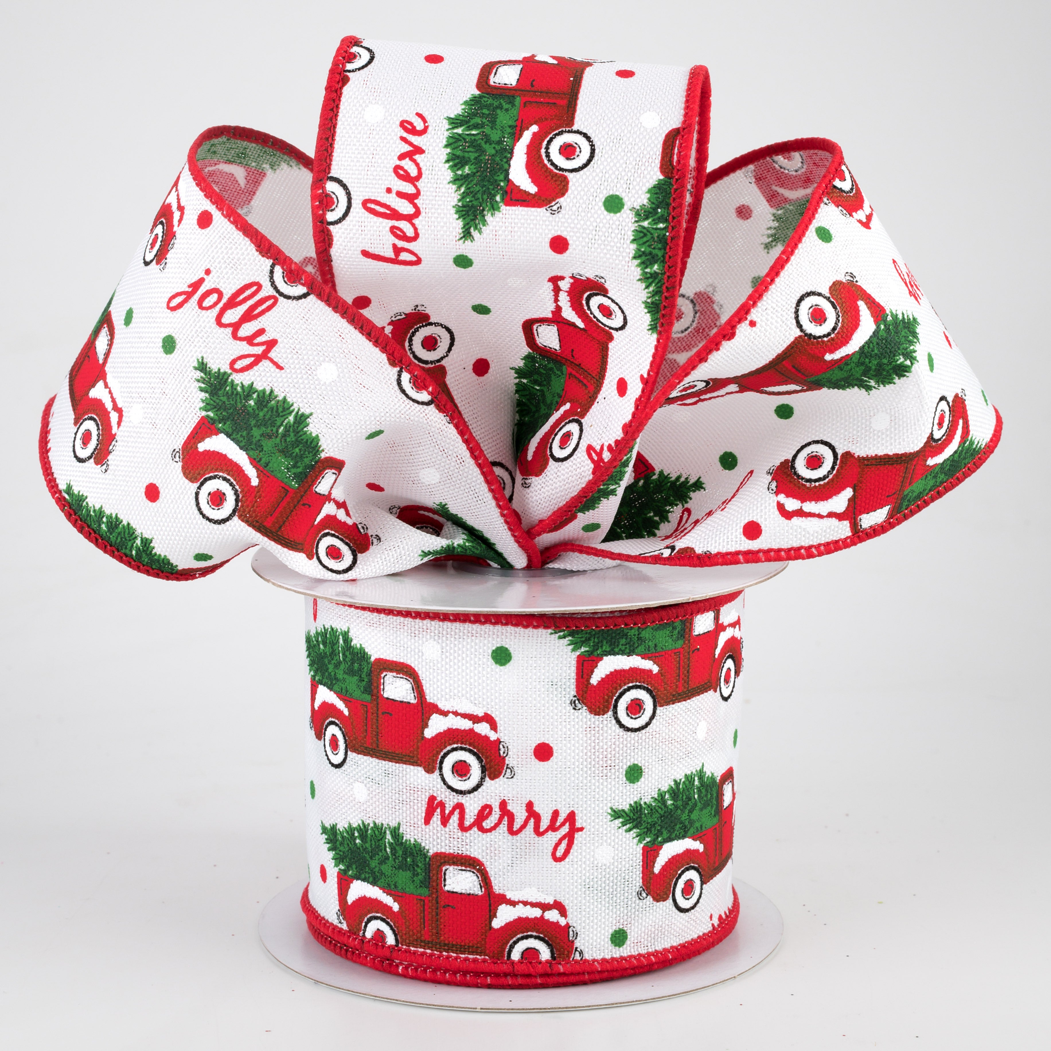 2.5" Christmas Trucks Polka Dot Ribbon: White (10 Yards) Lifestyle Photo