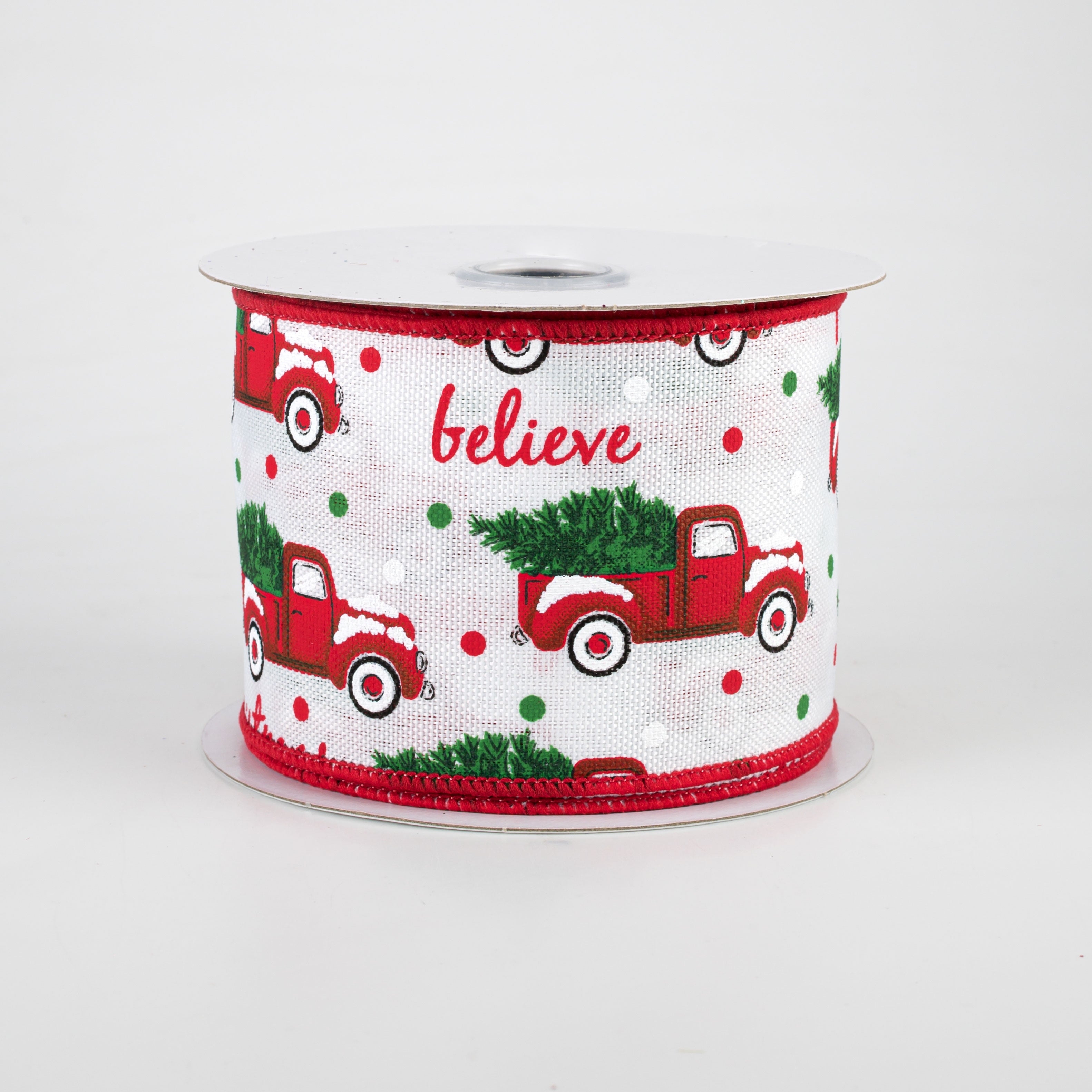 2.5" Christmas Trucks Polka Dot Ribbon: White (10 Yards)