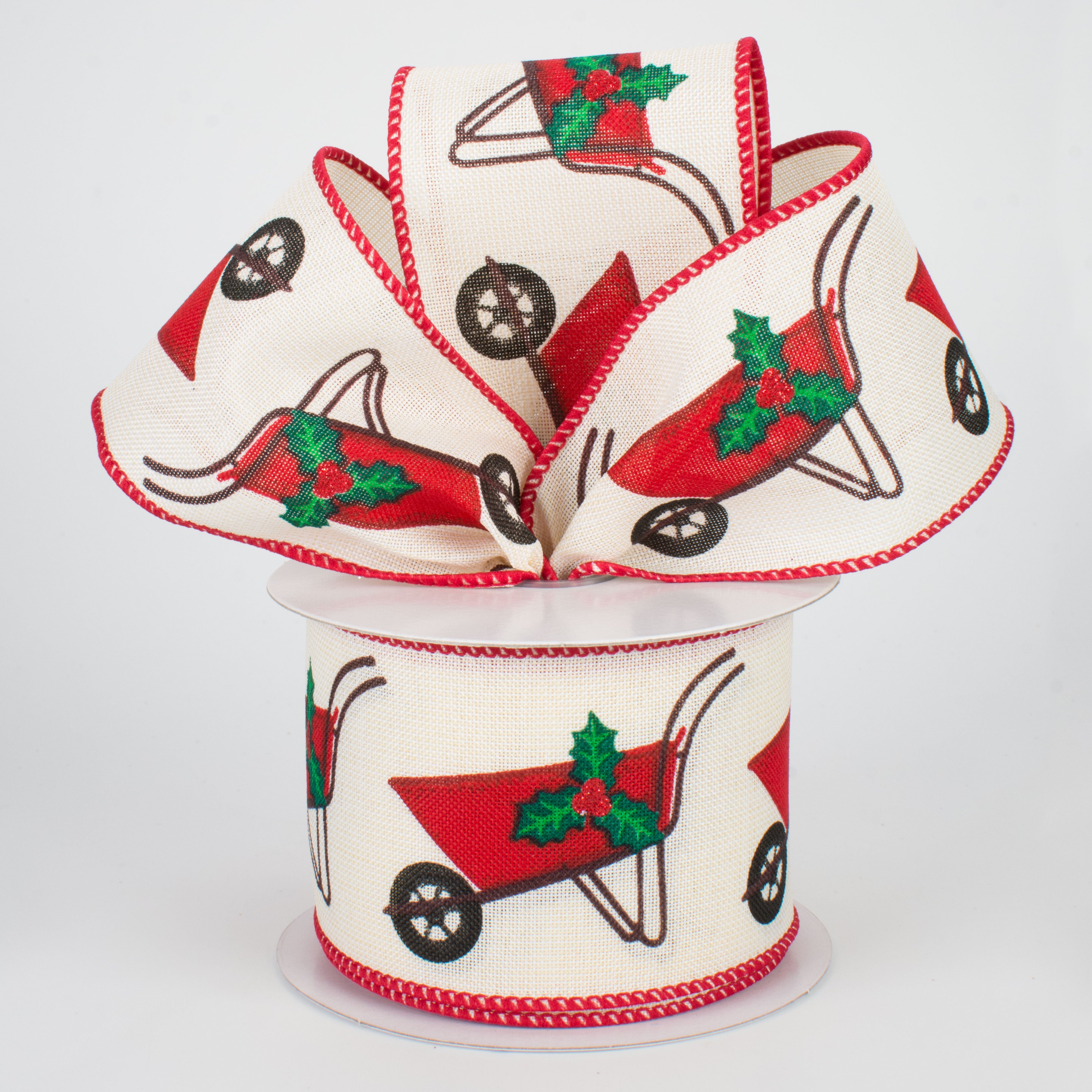 2.5" Christmas Wheelbarrow Ribbon: Cream (10 Yards) Lifestyle Photo