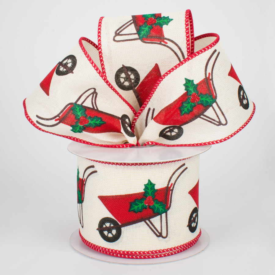 2.5" Christmas Wheelbarrow Ribbon: Cream (10 Yards) Lifestyle Photo