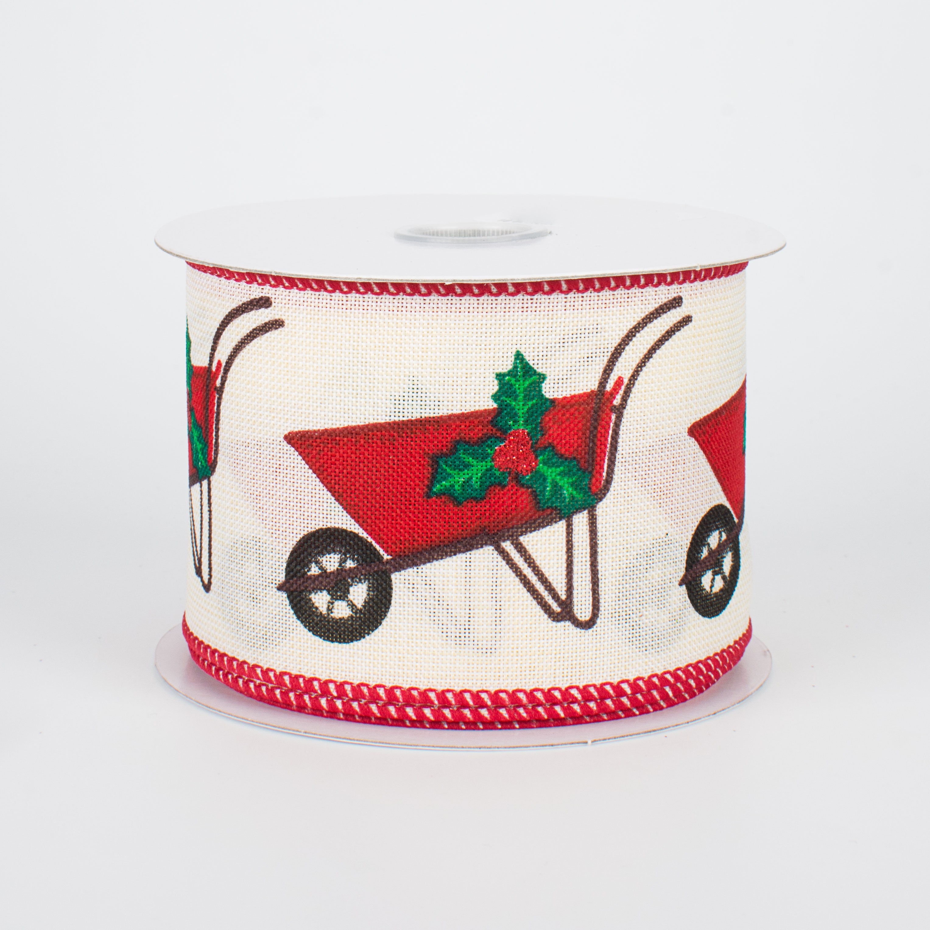 2.5" Christmas Wheelbarrow Ribbon: Cream (10 Yards)