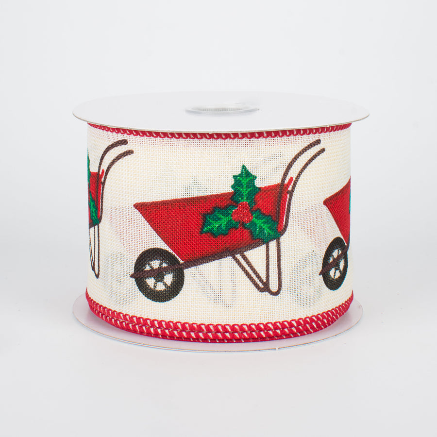 2.5" Christmas Wheelbarrow Ribbon: Cream (10 Yards)