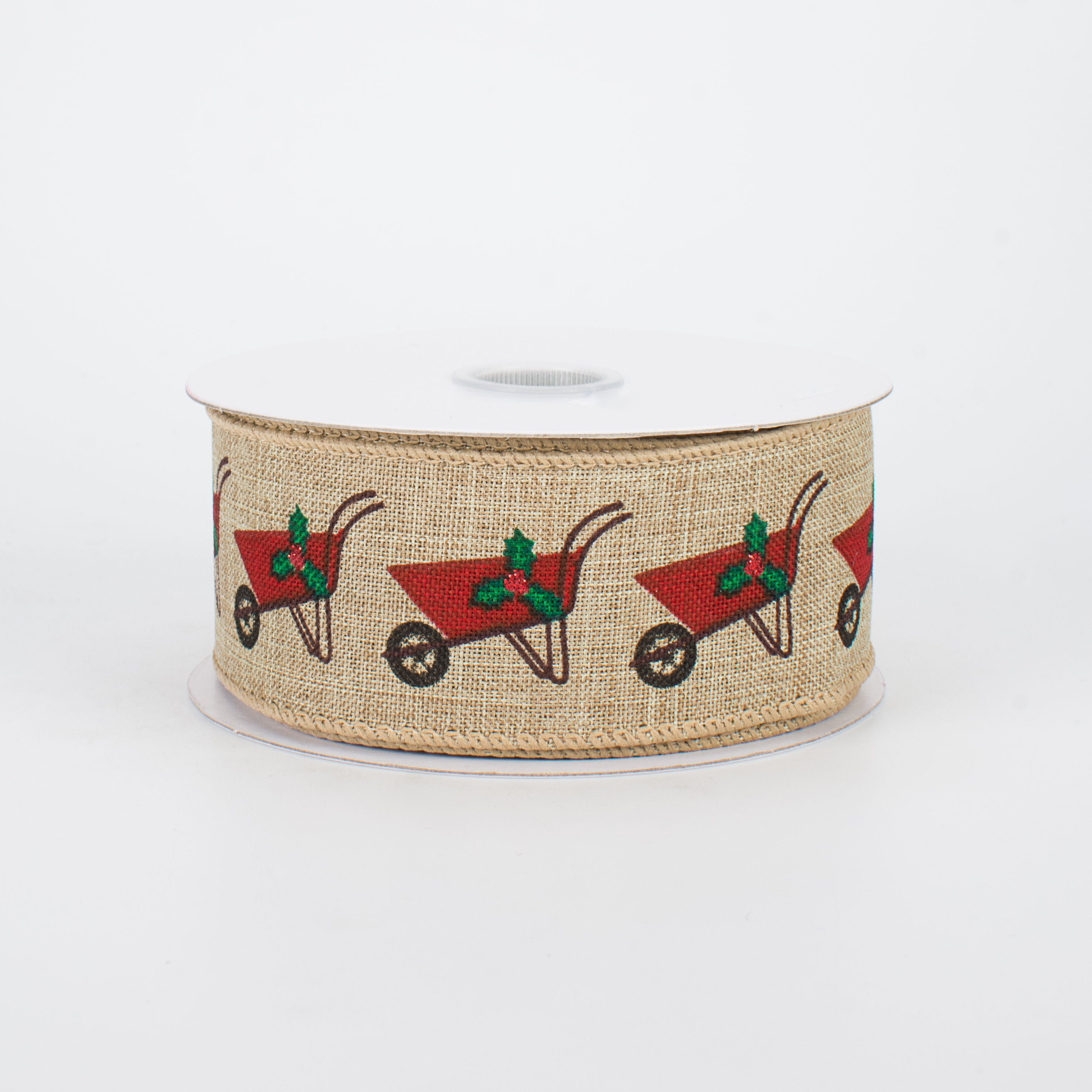 1.5" Christmas Wheelbarrow Ribbon: Natural (10 Yards)