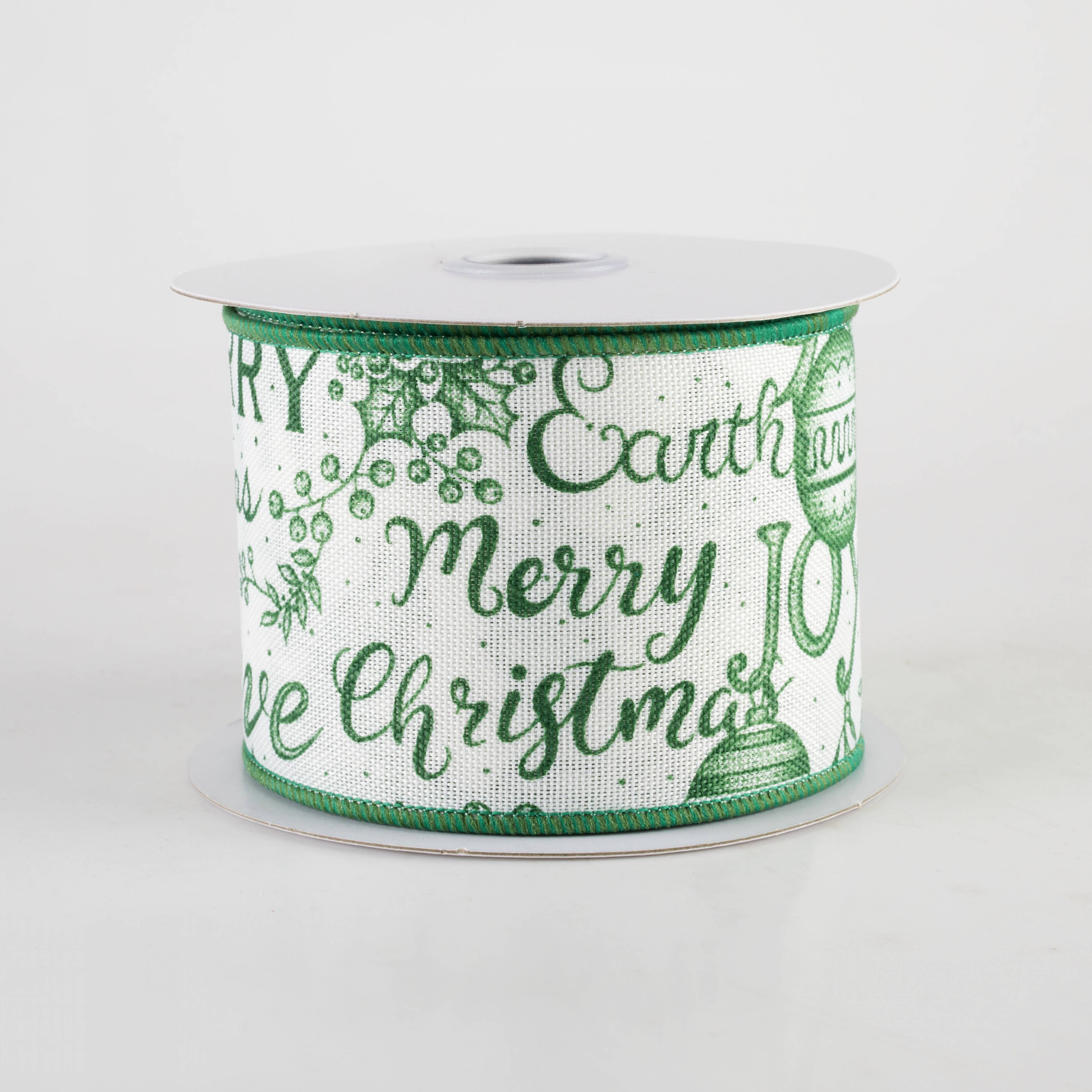 2.5" Christmas Words & Icons Ribbon: Ivory & Emerald Green (10 Yards) Item Number: RGF145206