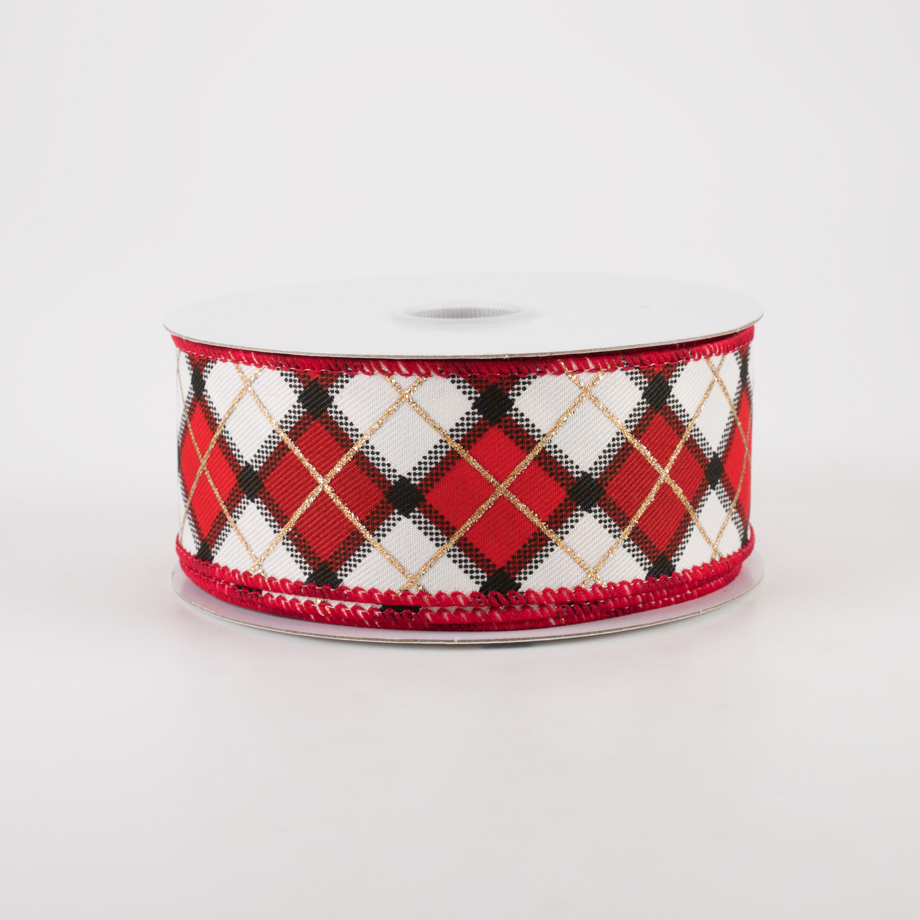 1.5" Claire Plaid Ribbon: Ivory, Red, Black (10 Yards)