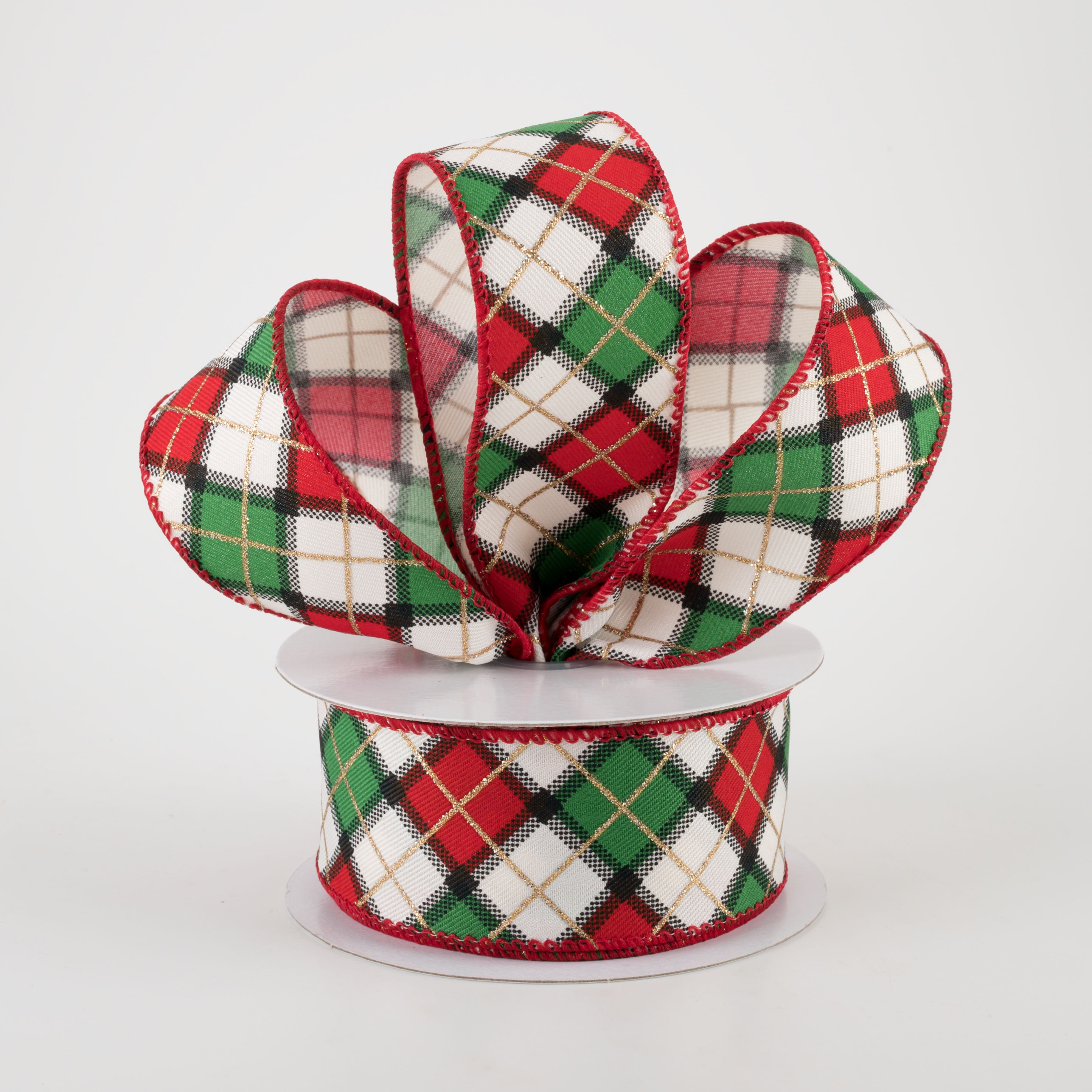 1.5" Claire Plaid Ribbon: Ivory, Red, Green (10 Yards) Lifestyle Photo