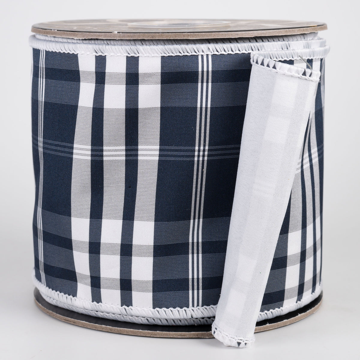 4" Classic Plaid Ribbon with Fused Lining Back: Navy Blue & White (10 Yards) Item Number: RR0065