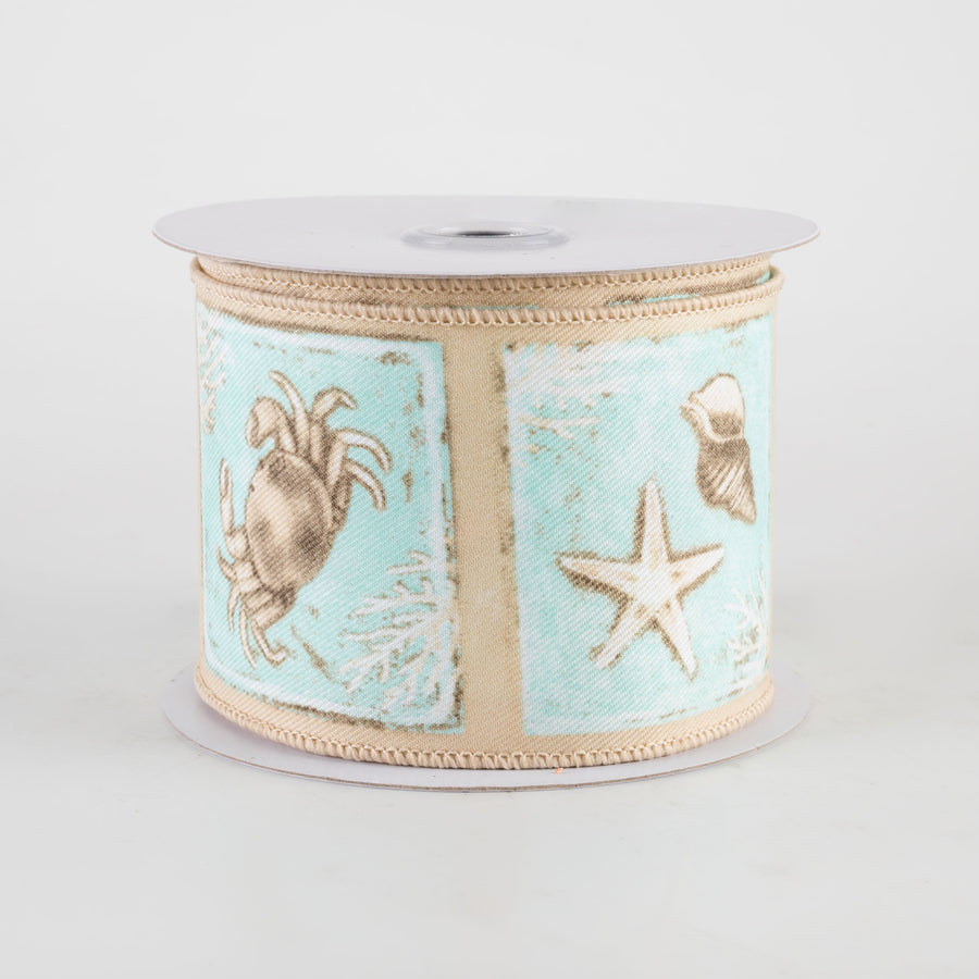 2.5" Coastal Blocks Ribbon: Turquoise on Natural (10 Yards)