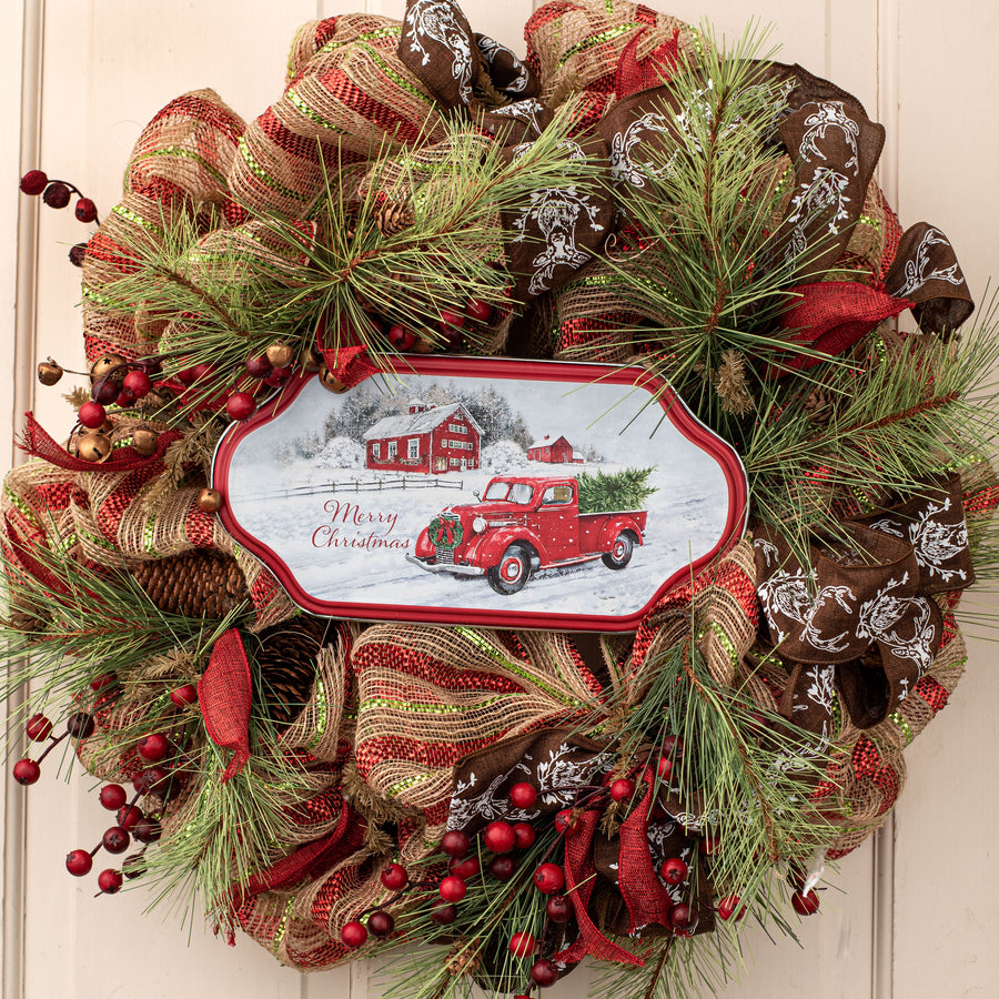 12" Contoured Metal Sign: Merry Christmas Truck & Farmhouse Lifestyle Photo