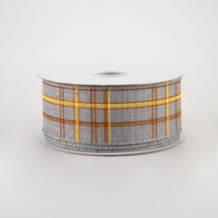 1.5" Cornelia Plaid Ribbon: Grey, Rust, Yellow (10 Yards)