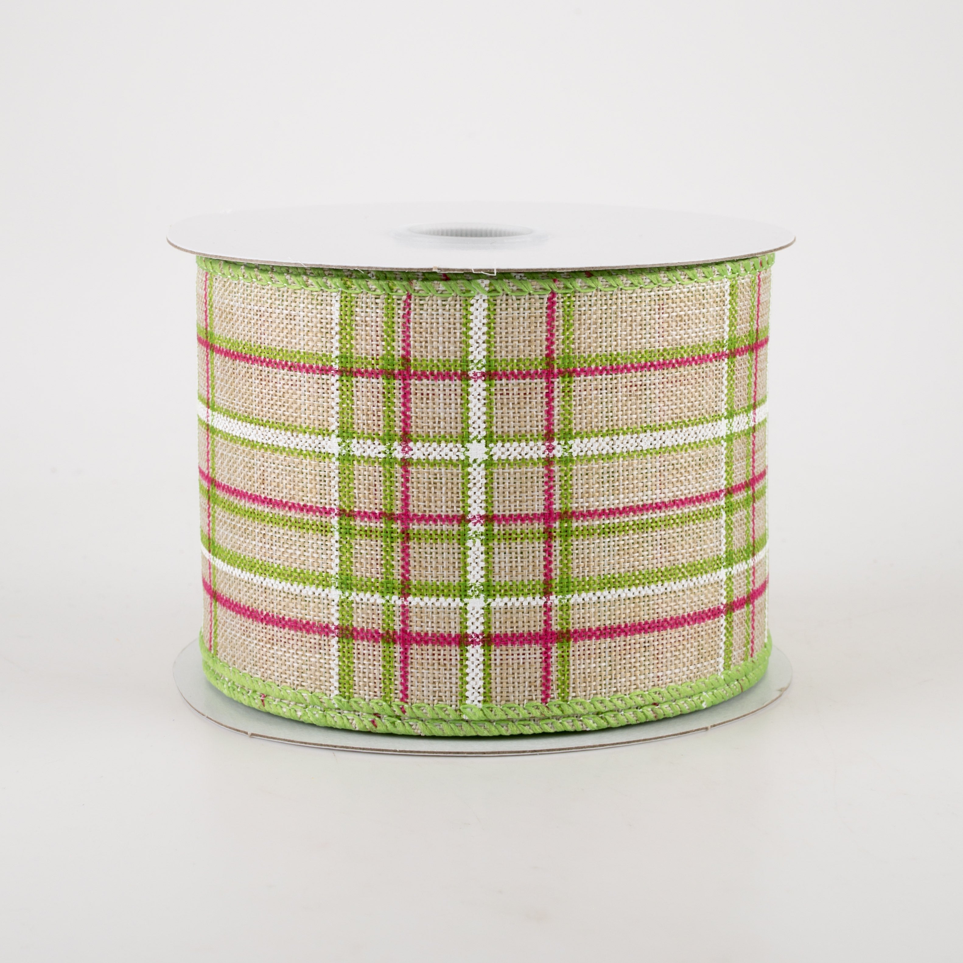 2.5" Cornelia Plaid Ribbon: Natural, Fuchsia, Green & White (10 Yards)
