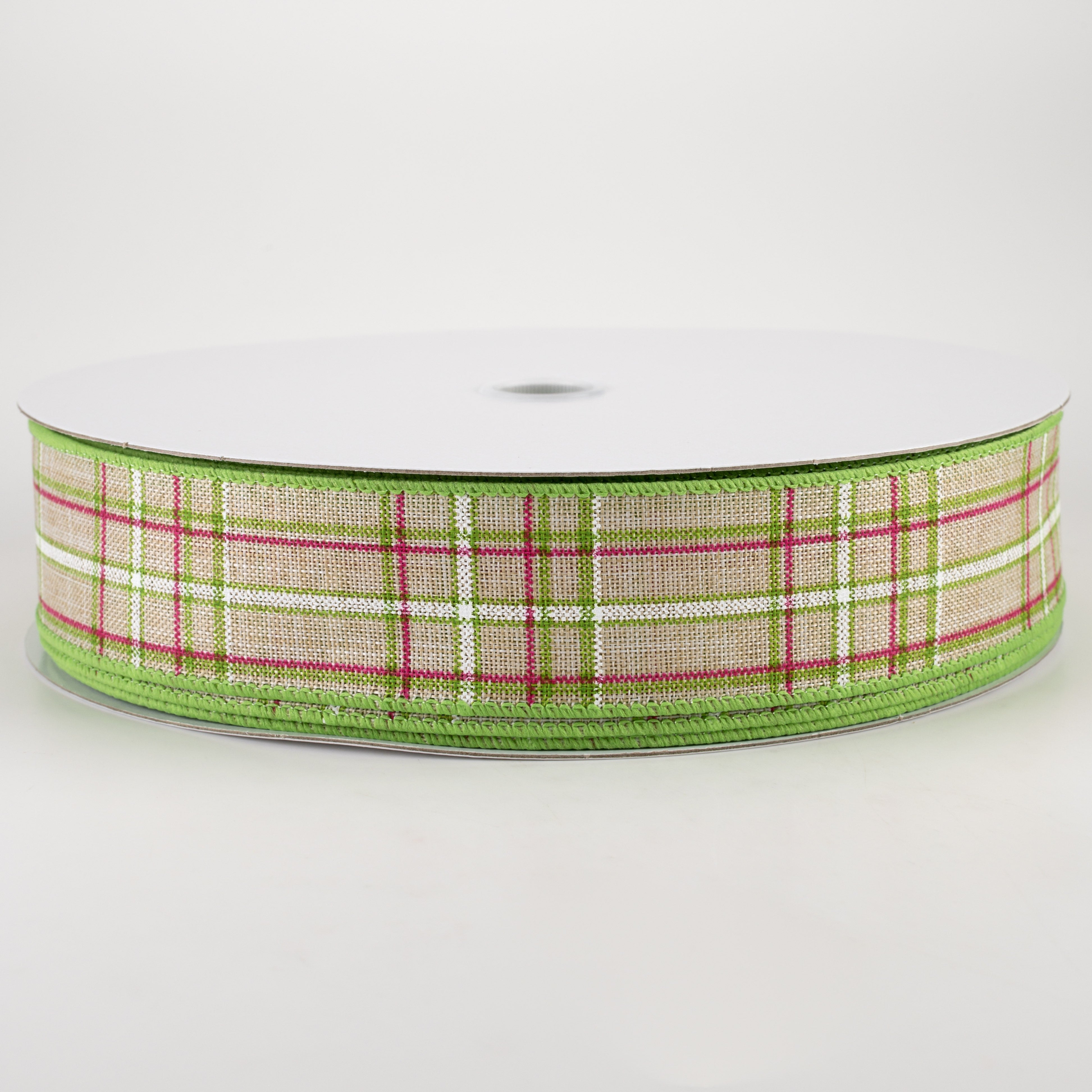1.5" Cornelia Plaid Ribbon: Natural, Fuchsia, Green & White (50 Yards) Item Number: 841-09-236