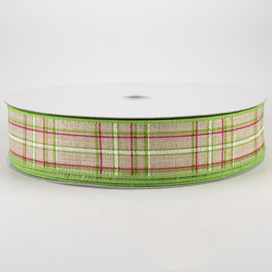 1.5" Cornelia Plaid Ribbon: Natural, Fuchsia, Green & White (50 Yards) Item Number: 841-09-236