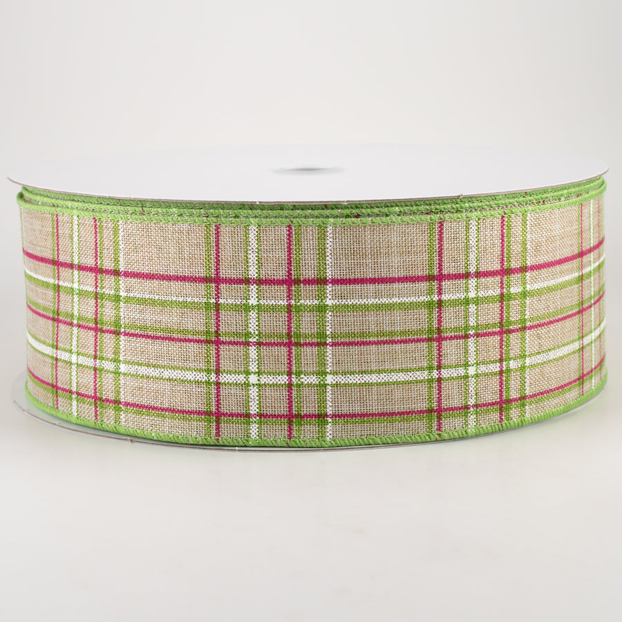 2.5" Cornelia Plaid Ribbon: Natural, Fuchsia, Green & White (50 Yards) Item Number: 841-40-236