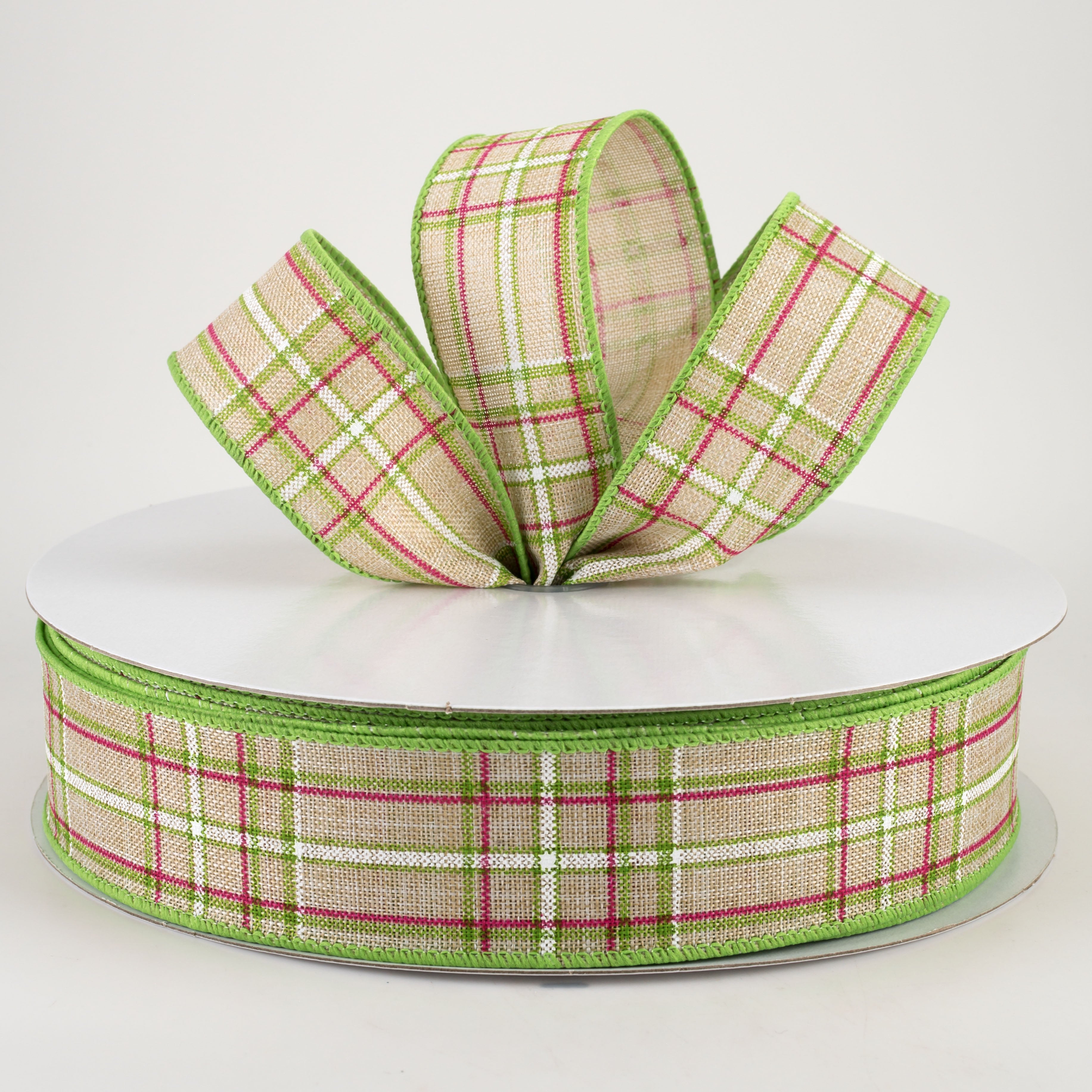 1.5" Cornelia Plaid Ribbon: Natural, Fuchsia, Green & White (50 Yards) Lifestyle Photo