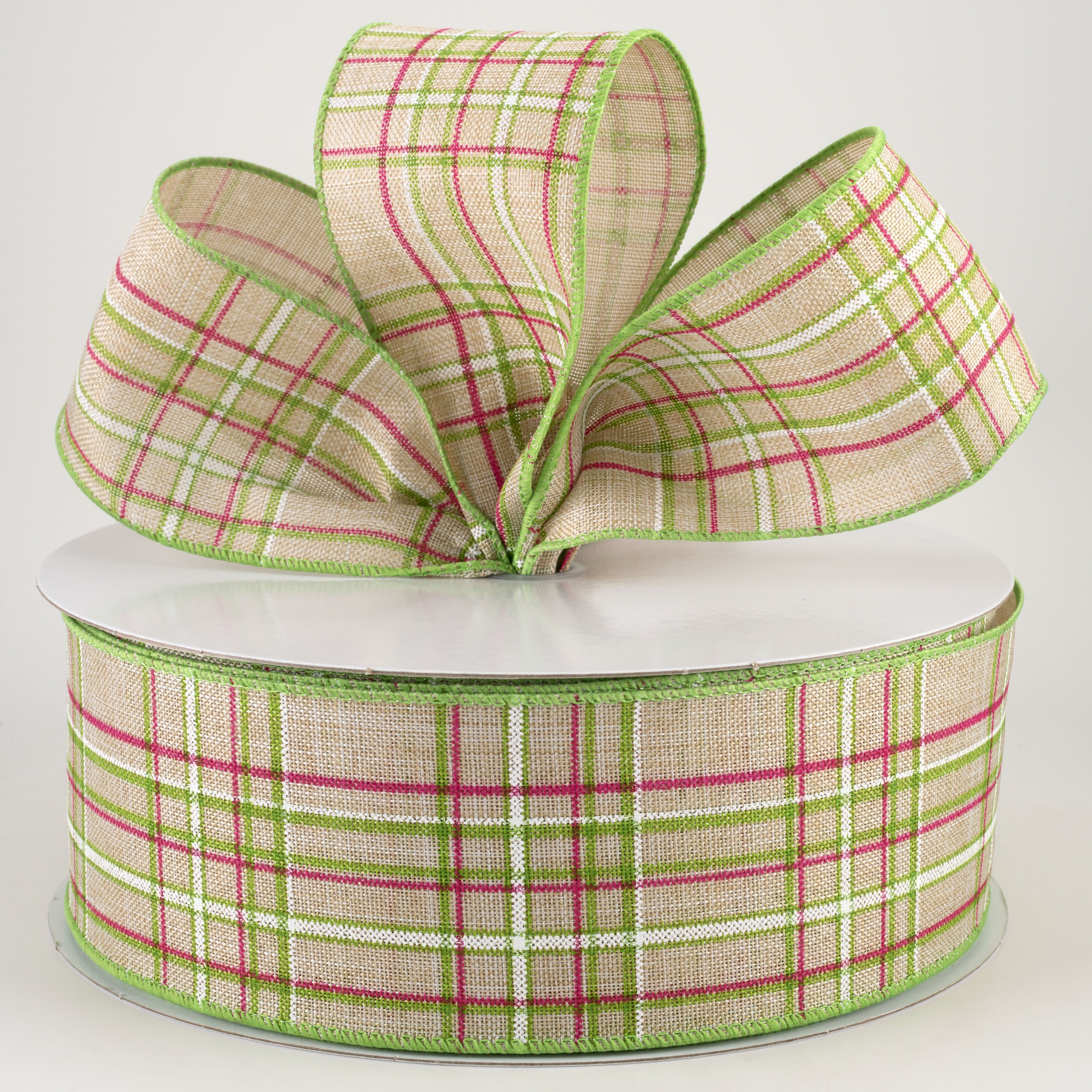 2.5" Cornelia Plaid Ribbon: Natural, Fuchsia, Green & White (50 Yards) Lifestyle Photo