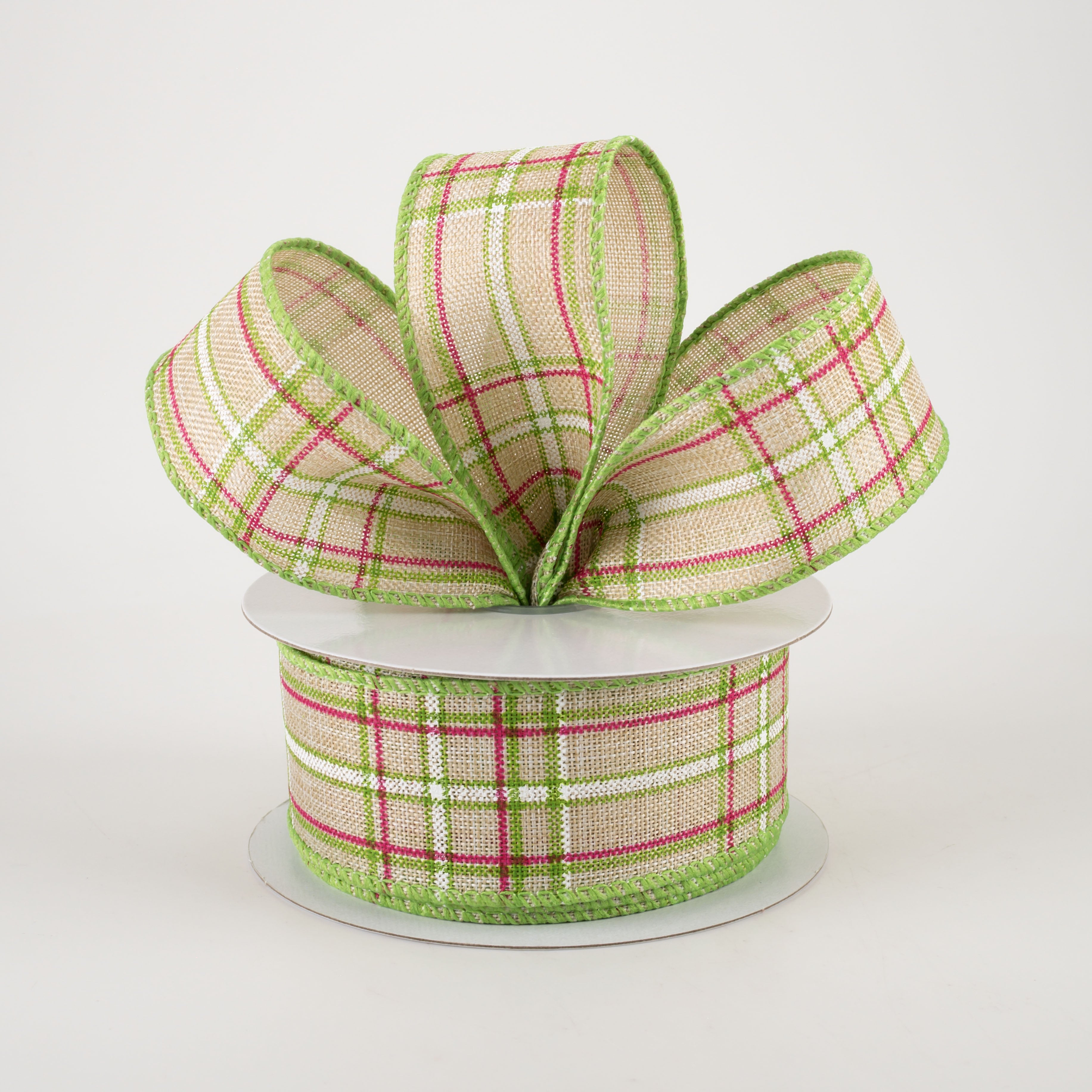 1.5" Cornelia Plaid Ribbon: Natural, Fuchsia, Green & White (10 Yards) Lifestyle Photo