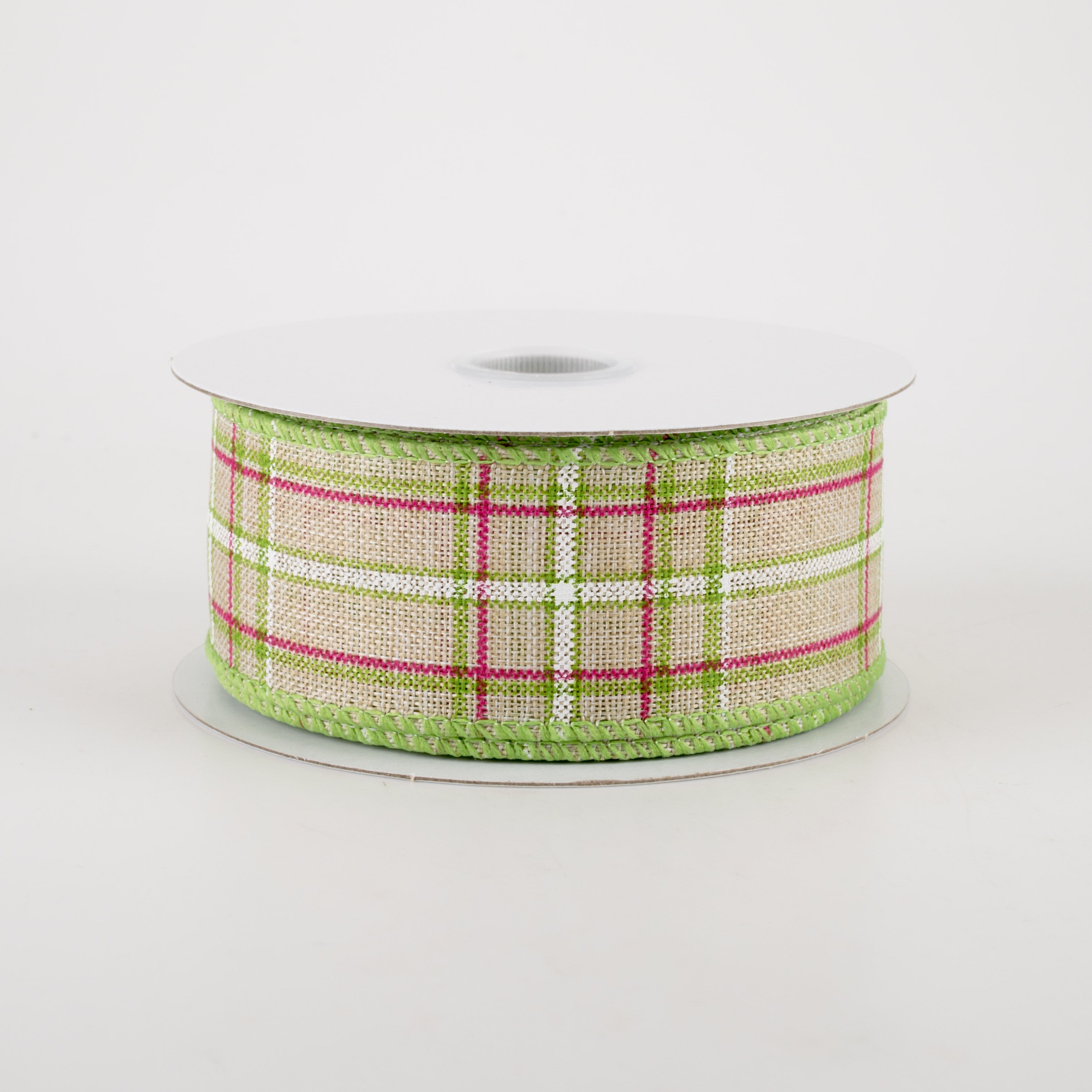 1.5" Cornelia Plaid Ribbon: Natural, Fuchsia, Green & White (10 Yards)