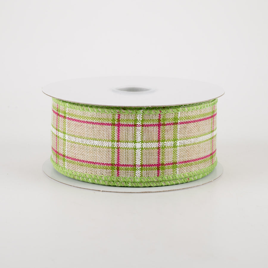 1.5" Cornelia Plaid Ribbon: Natural, Fuchsia, Green & White (10 Yards)