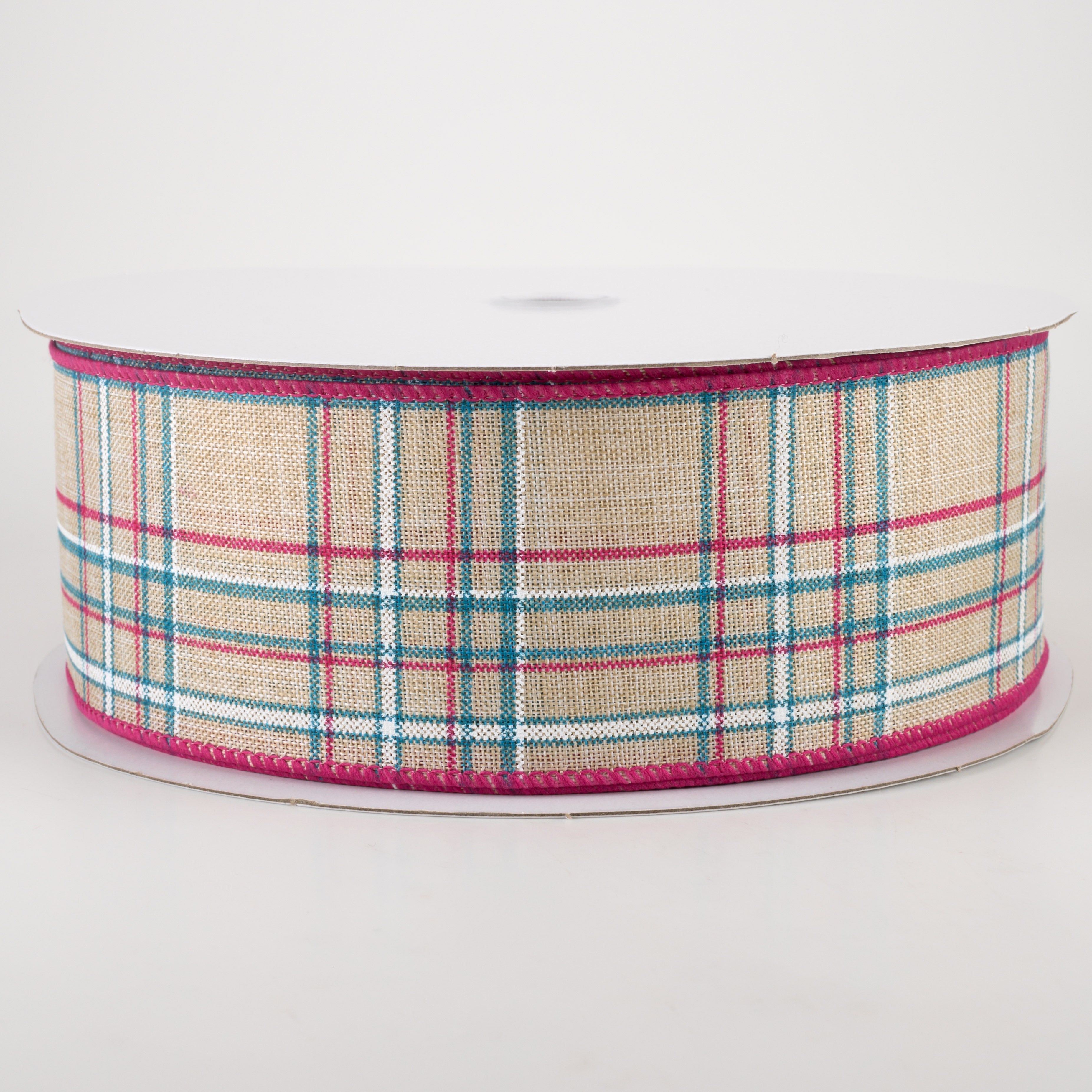 2.5" Cornelia Plaid Ribbon: Natural, Fuchsia, Turquoise & White (50 Yards) Item Number: 841-40-239