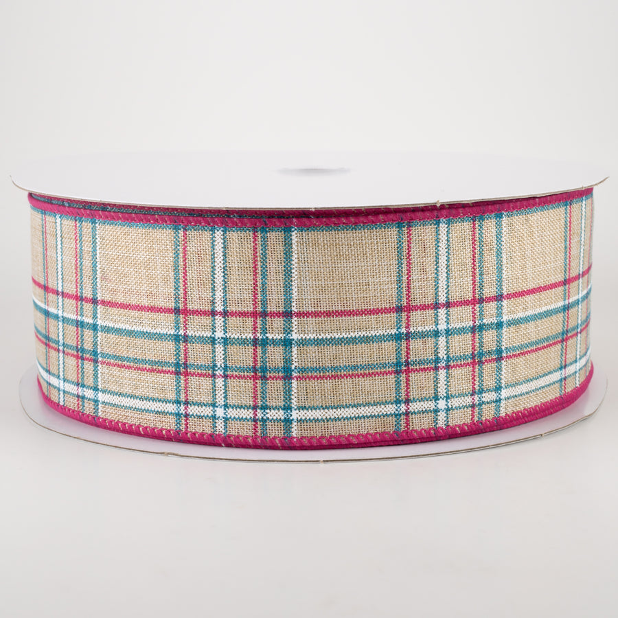 2.5" Cornelia Plaid Ribbon: Natural, Fuchsia, Turquoise & White (50 Yards) Item Number: 841-40-239