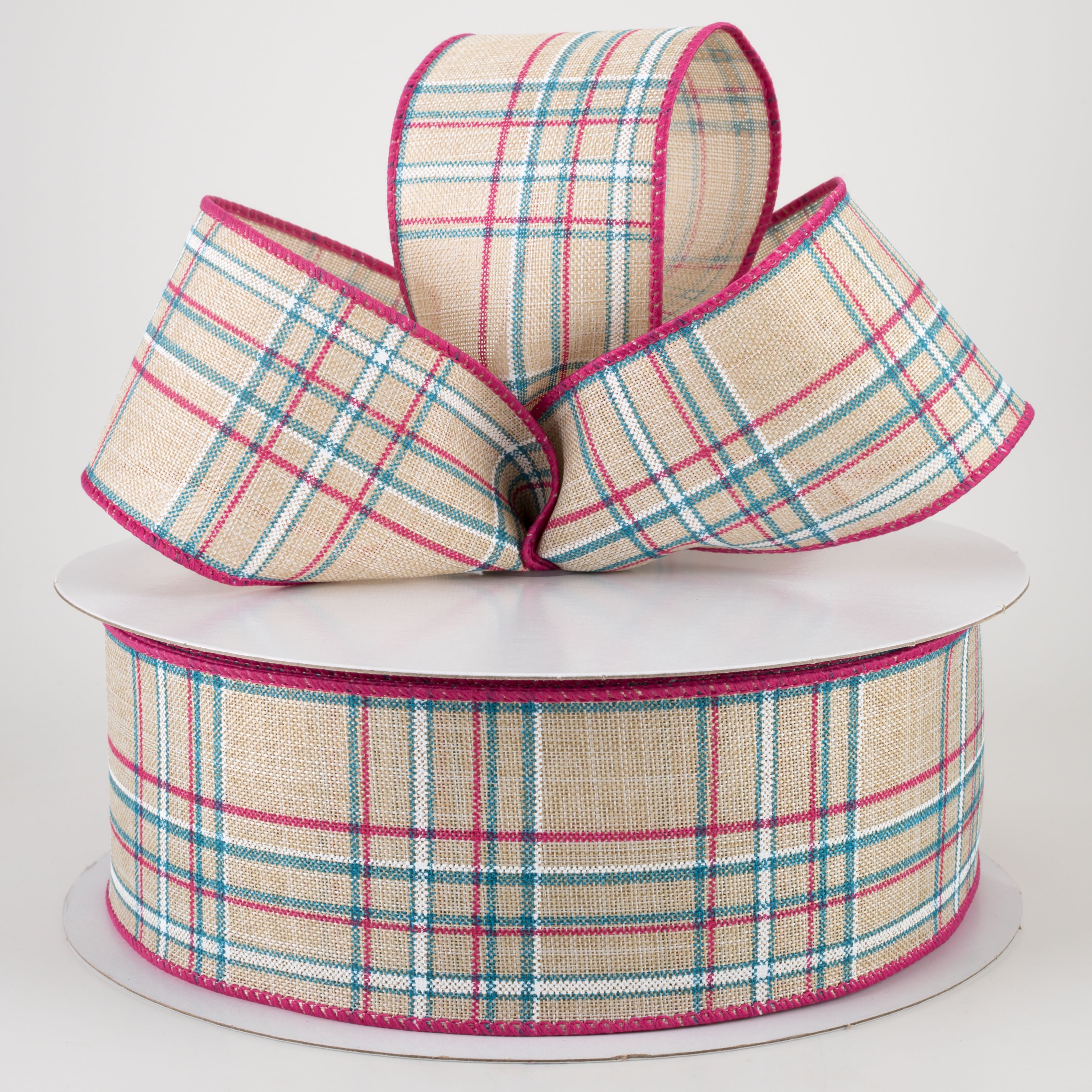 2.5" Cornelia Plaid Ribbon: Natural, Fuchsia, Turquoise & White (50 Yards) Lifestyle Photo