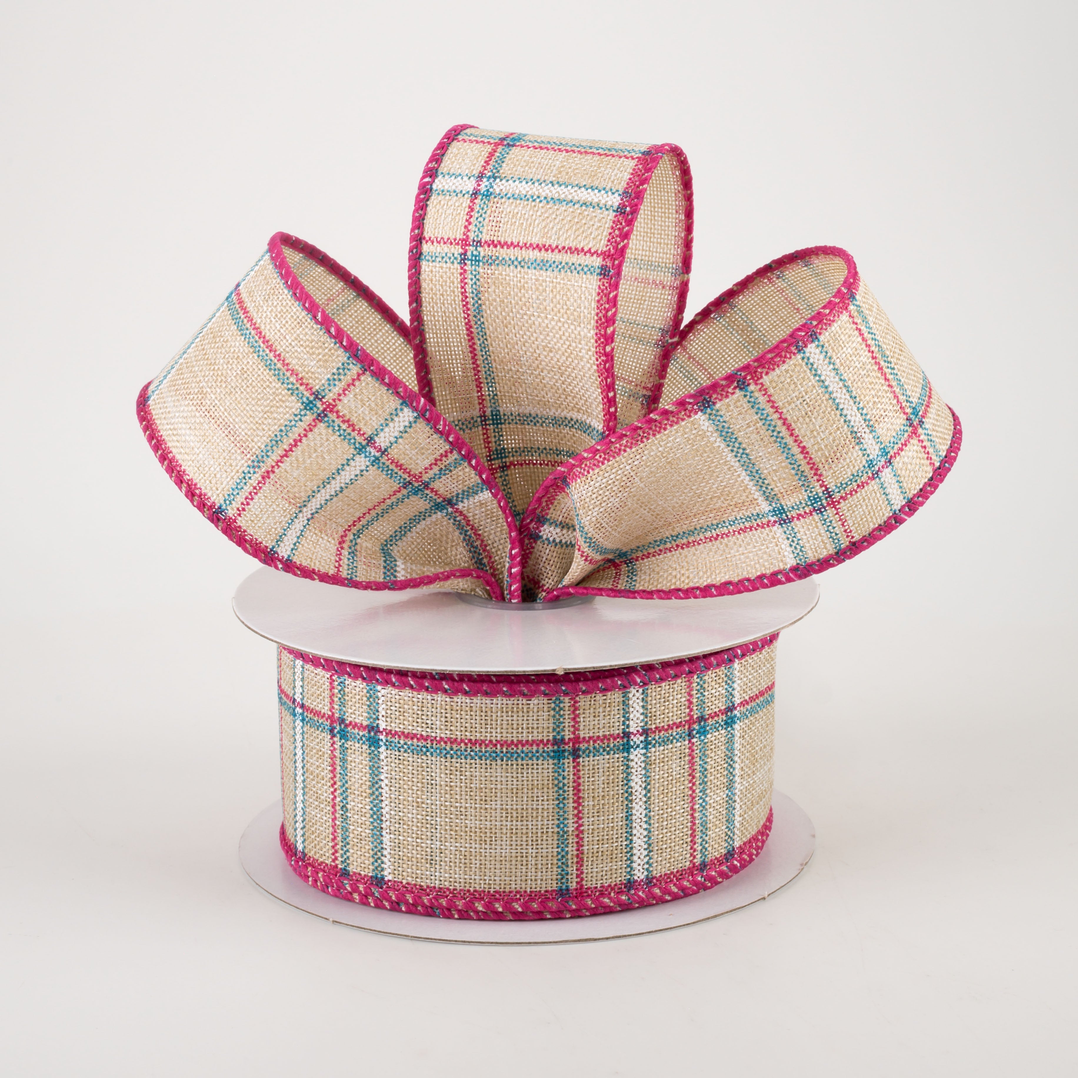 1.5" Cornelia Plaid Ribbon: Natural, Fuchsia, Turquoise & White (10 Yards) Lifestyle Photo