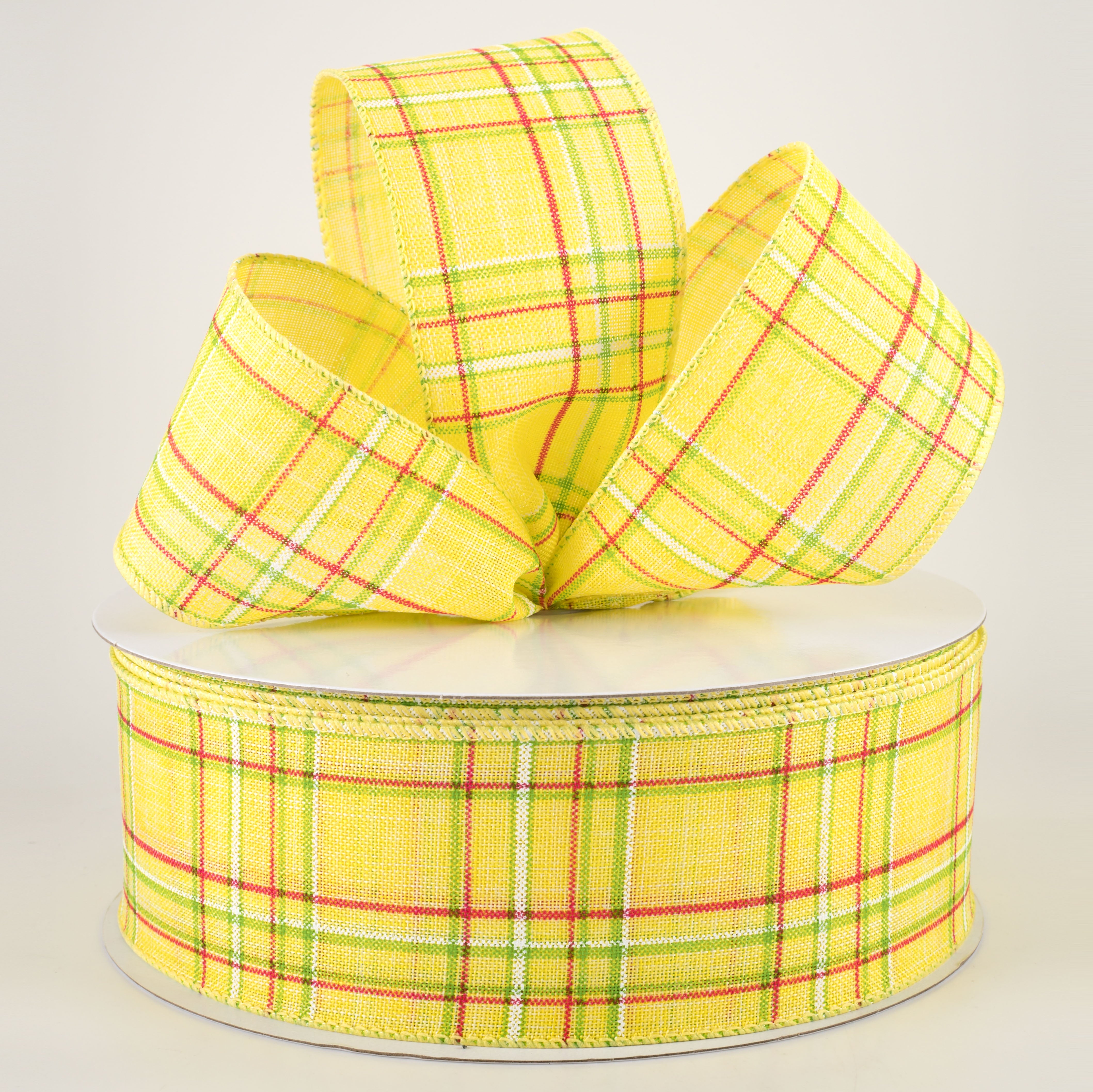 2.5" Cornelia Plaid Ribbon: Yellow, Lime, Fuchsia & White (50 Yards) Lifestyle Photo