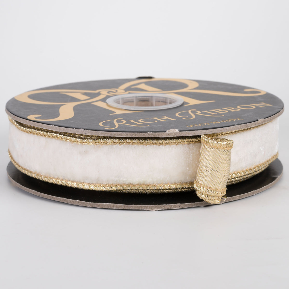 1" Crown Velvet & Metallic Dupioni Fused Ribbon: Ivory & Gold (10 Yards) Item Number: RR0109