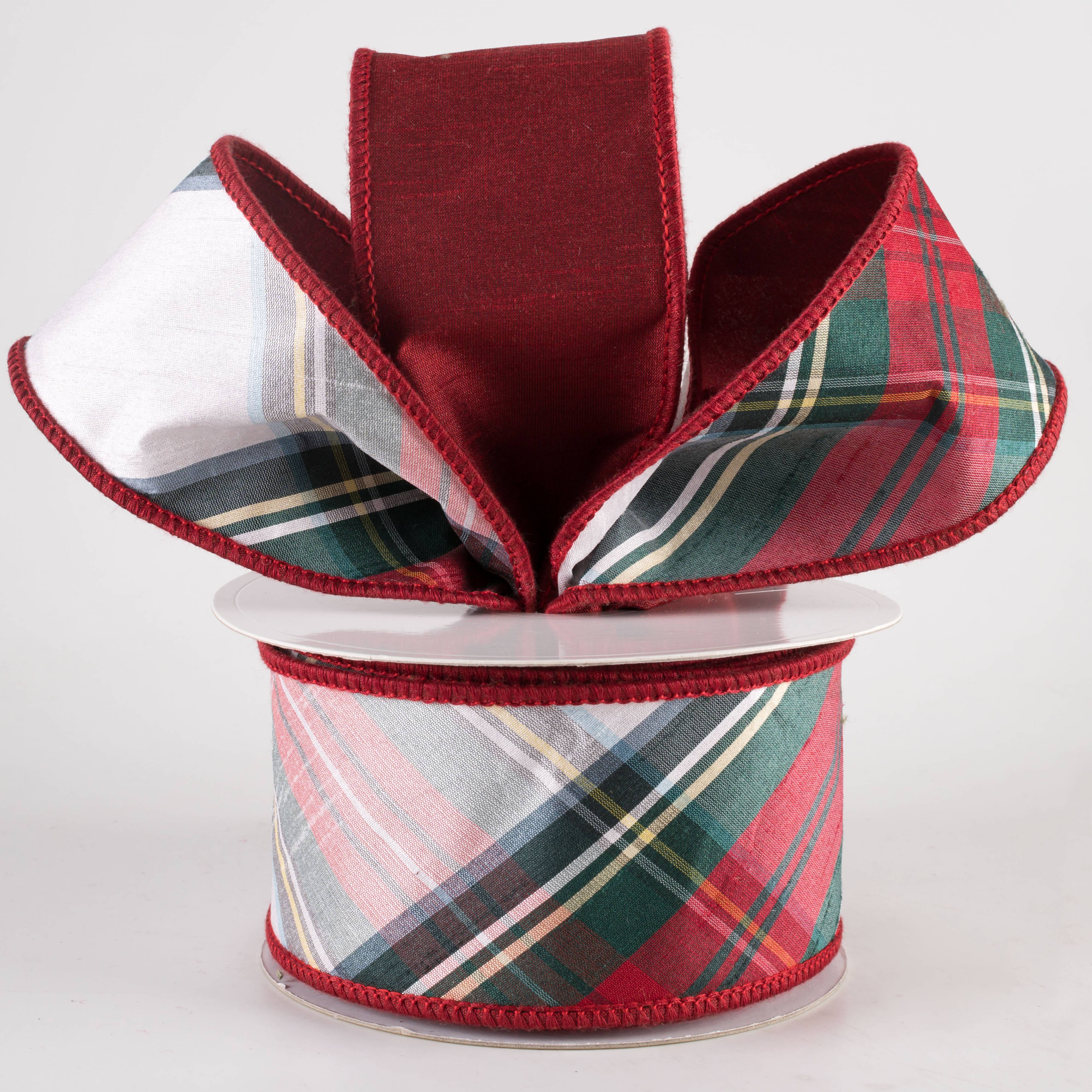 2.5" Designer Double Sided Plaid Ribbon: Red, White & Green (10 Yards)