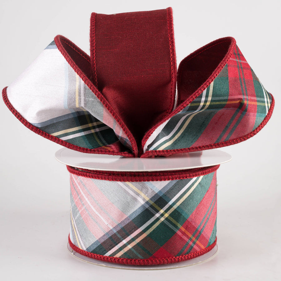 2.5" Designer Double Sided Plaid Ribbon: Red, White & Green (10 Yards)