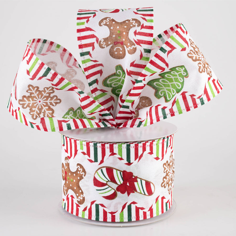 2.5" Christmas Cookies Candy Stripe Wavy Edge Ribbon: White (10 Yards)
