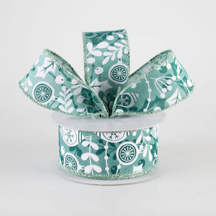 1.5" Overlay Leaves Ornaments Ribbon: Mint, Hunter Green & White (10 Yards)