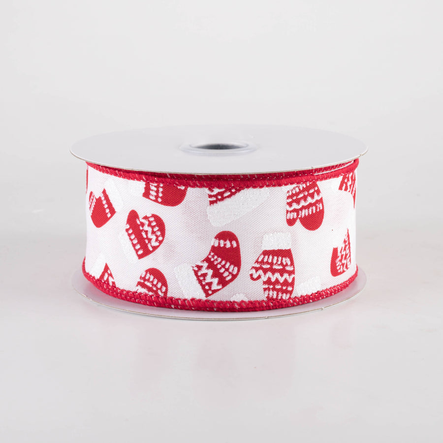 1.5" Winter Hats & Mittens Ribbon: White & Red (10 Yards)