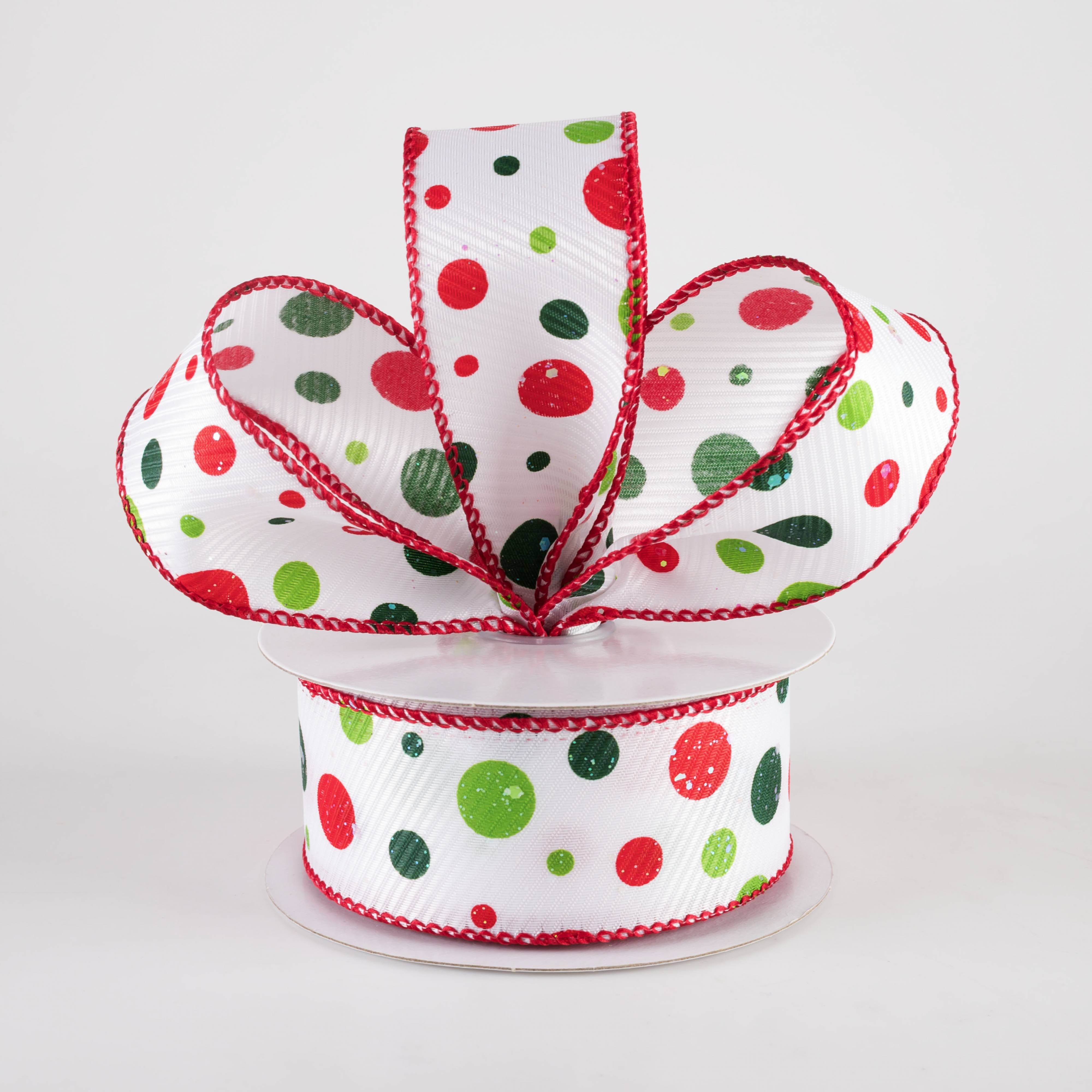 1.5" Thick Textured Satin Iridescent Glitter Dots Ribbon: Red & Green on White (10 Yards)