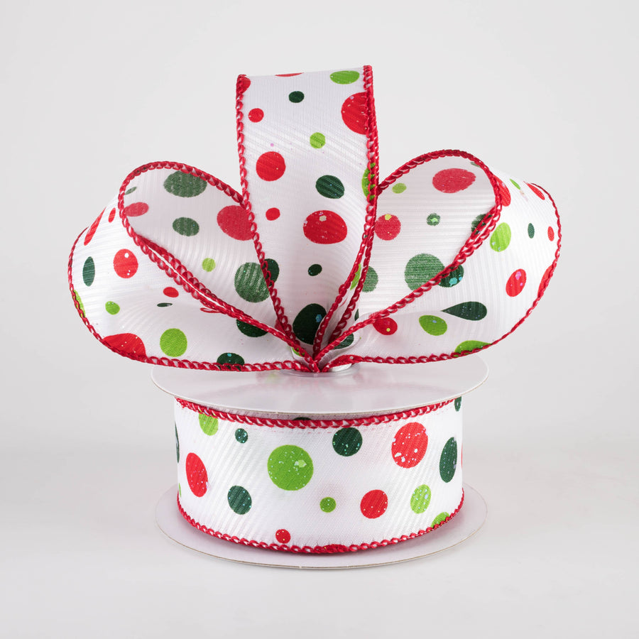 1.5" Thick Textured Satin Iridescent Glitter Dots Ribbon: Red & Green on White (10 Yards)