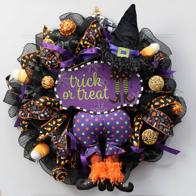 12" Wooden Scalloped Sign: Trick or Treat Witch Legs