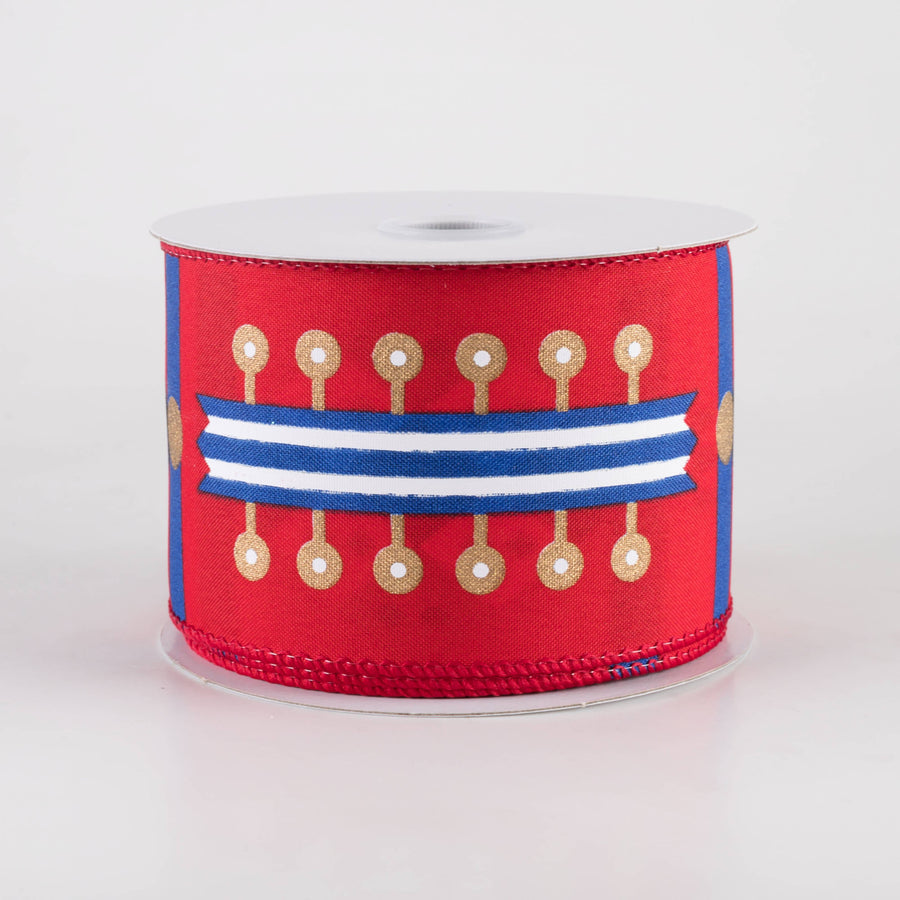 2.5" Nutcracker Stripes & Patterns Ribbon: Red & Blue (10 Yards)