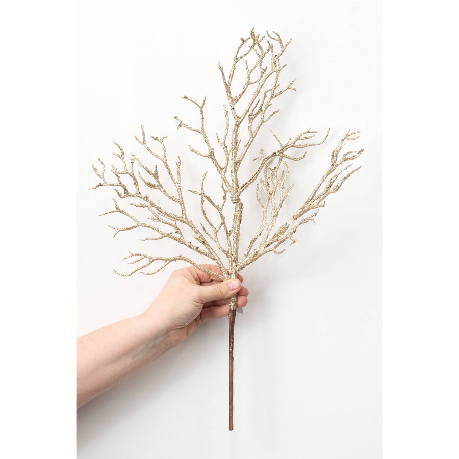 20" Glittered Twigs Spray: Champagne Gold