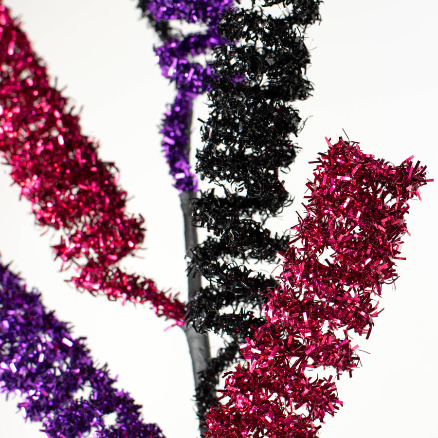 31" Tinsel Folded Foil Swirls Spray: Hot Pink, Black & Purple