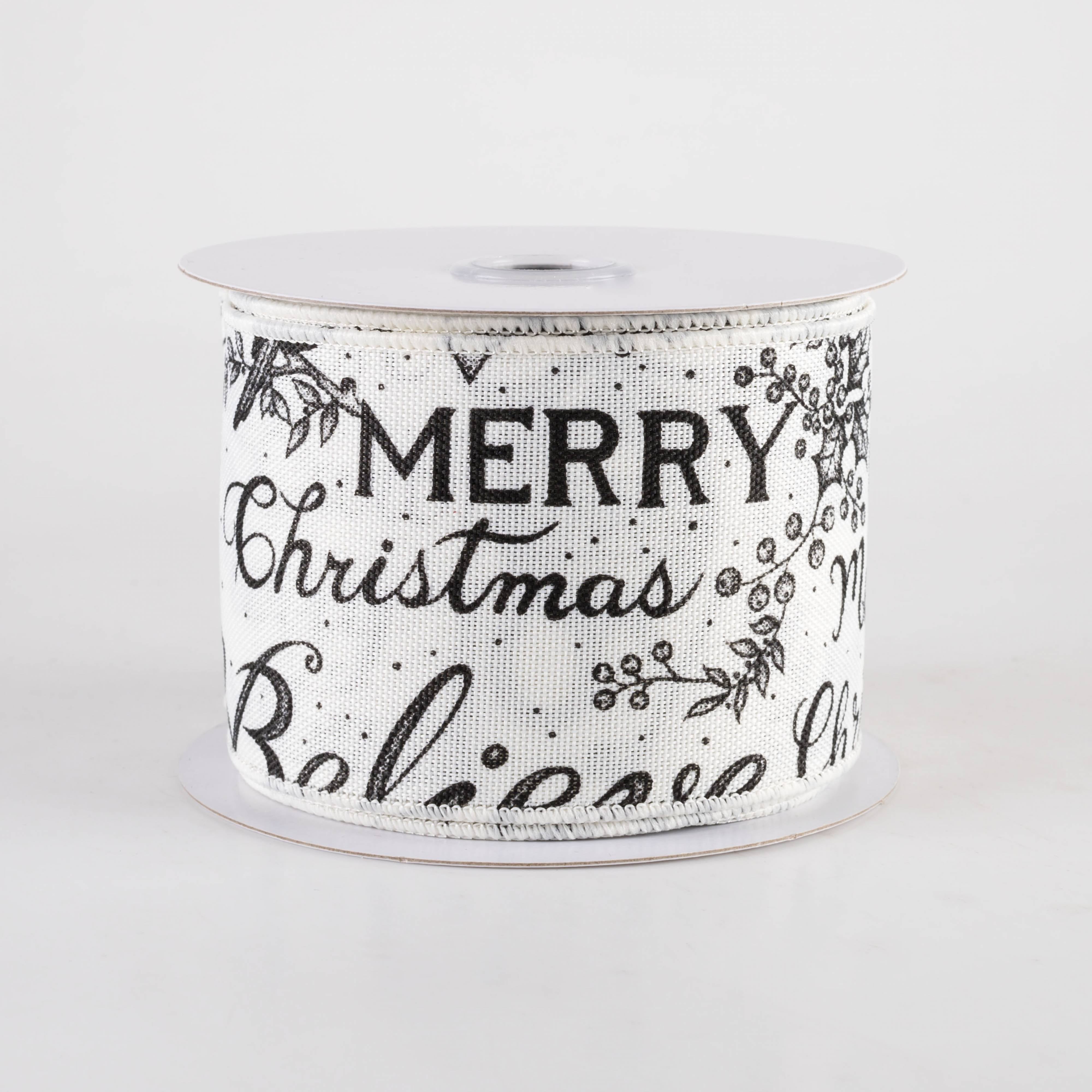 2.5" Christmas Words & Icons Ribbon: Ivory & Black (10 Yards)