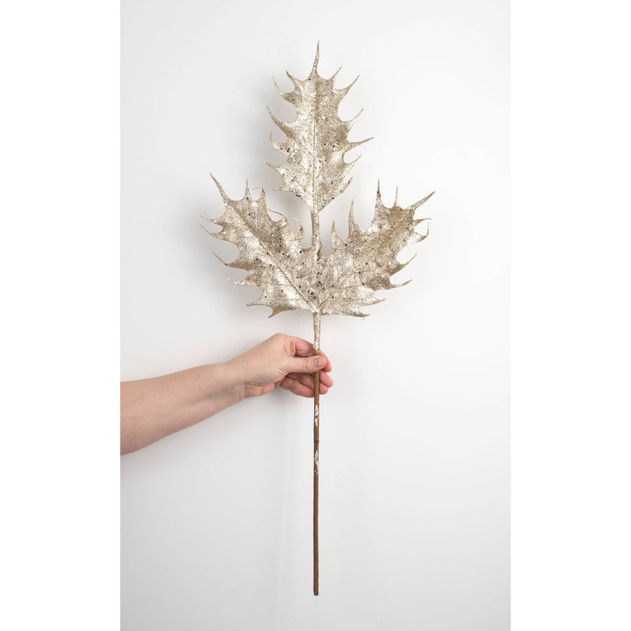 29" Oversized Metallic Holly Leaves Spray: Champagne Gold