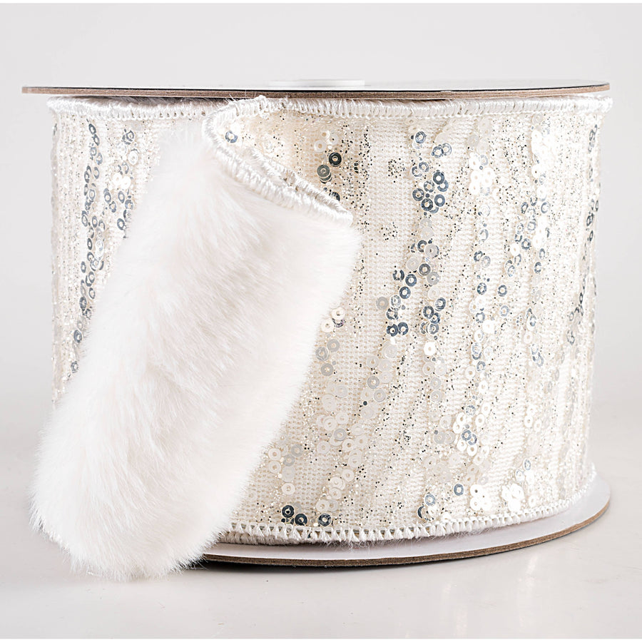 4" Designer Faux Fur & Sequin Shimmer Ribbon: Ivory (5 Yards)