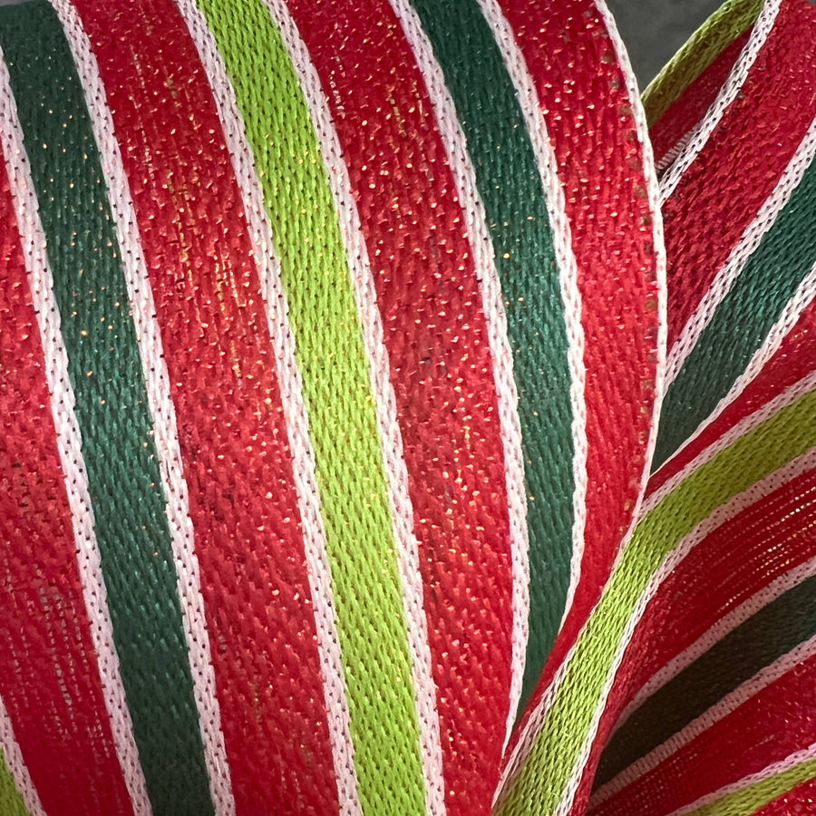 1.5" Metallic Woven Cabana Stripe Ribbon: Red, Green & White (10 Yards)