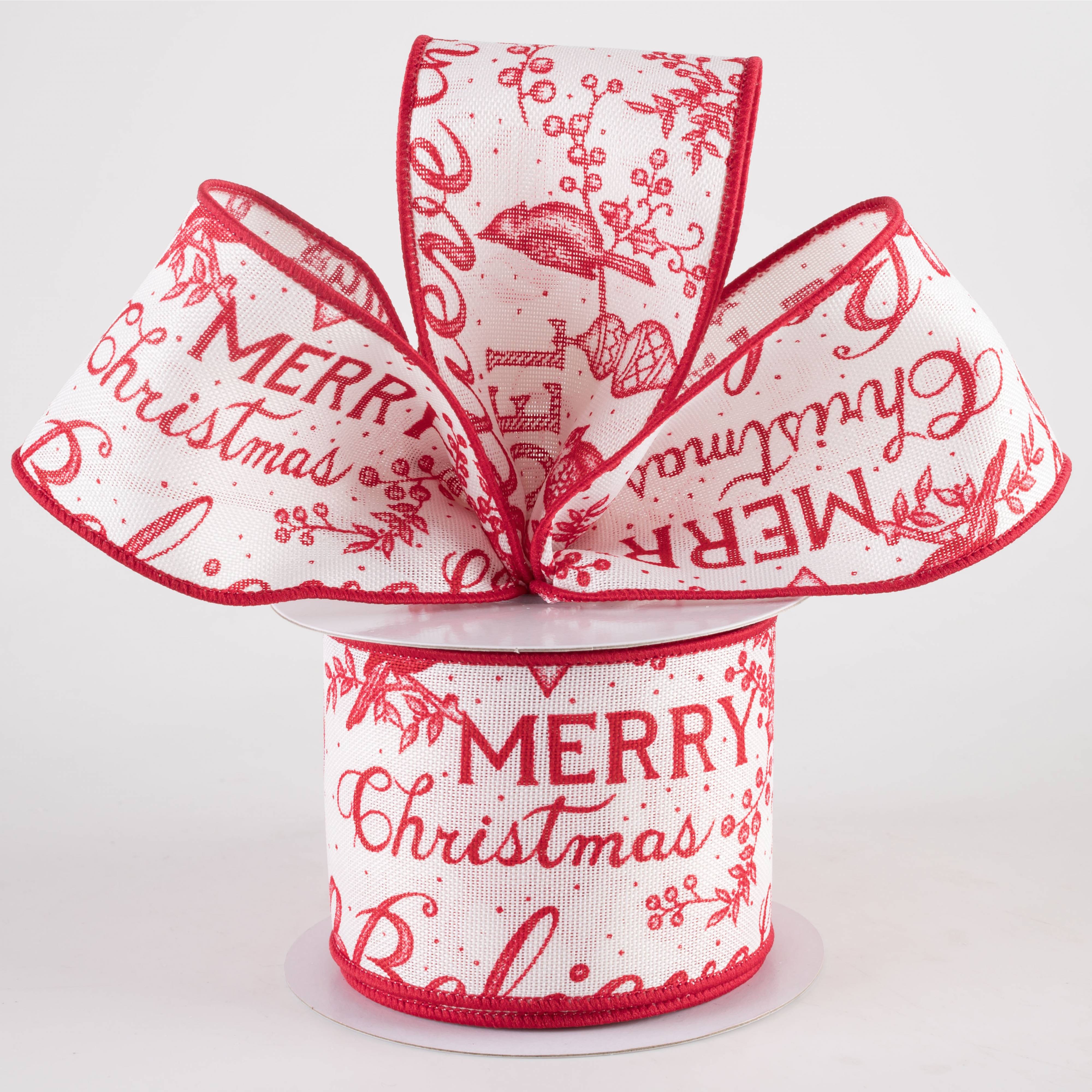 2.5" Christmas Words & Icons Ribbon: Ivory & Red (10 Yards)
