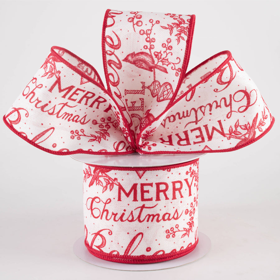 2.5" Christmas Words & Icons Ribbon: Ivory & Red (10 Yards)