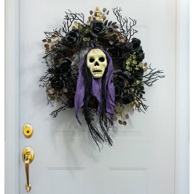 20" x 6" Styrofoam & Burlap Witch Skull: Black & Purple