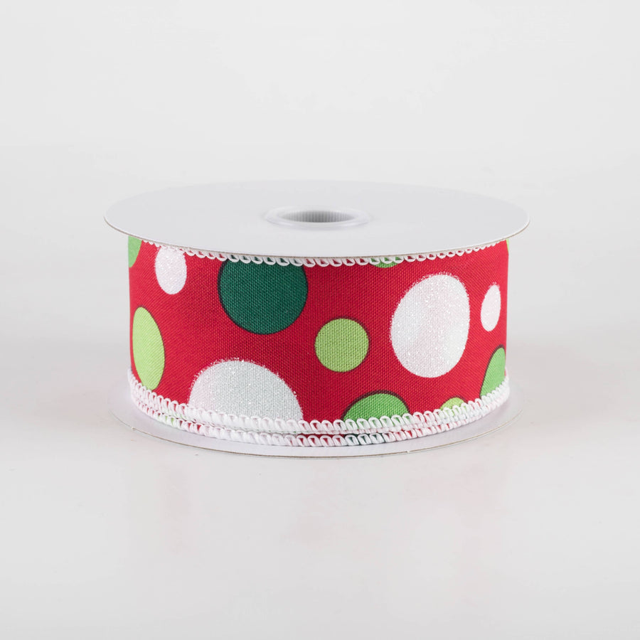 1.5" Varied Polka Dots Ribbon: Lime, Emerald & White on Red (10 Yards)